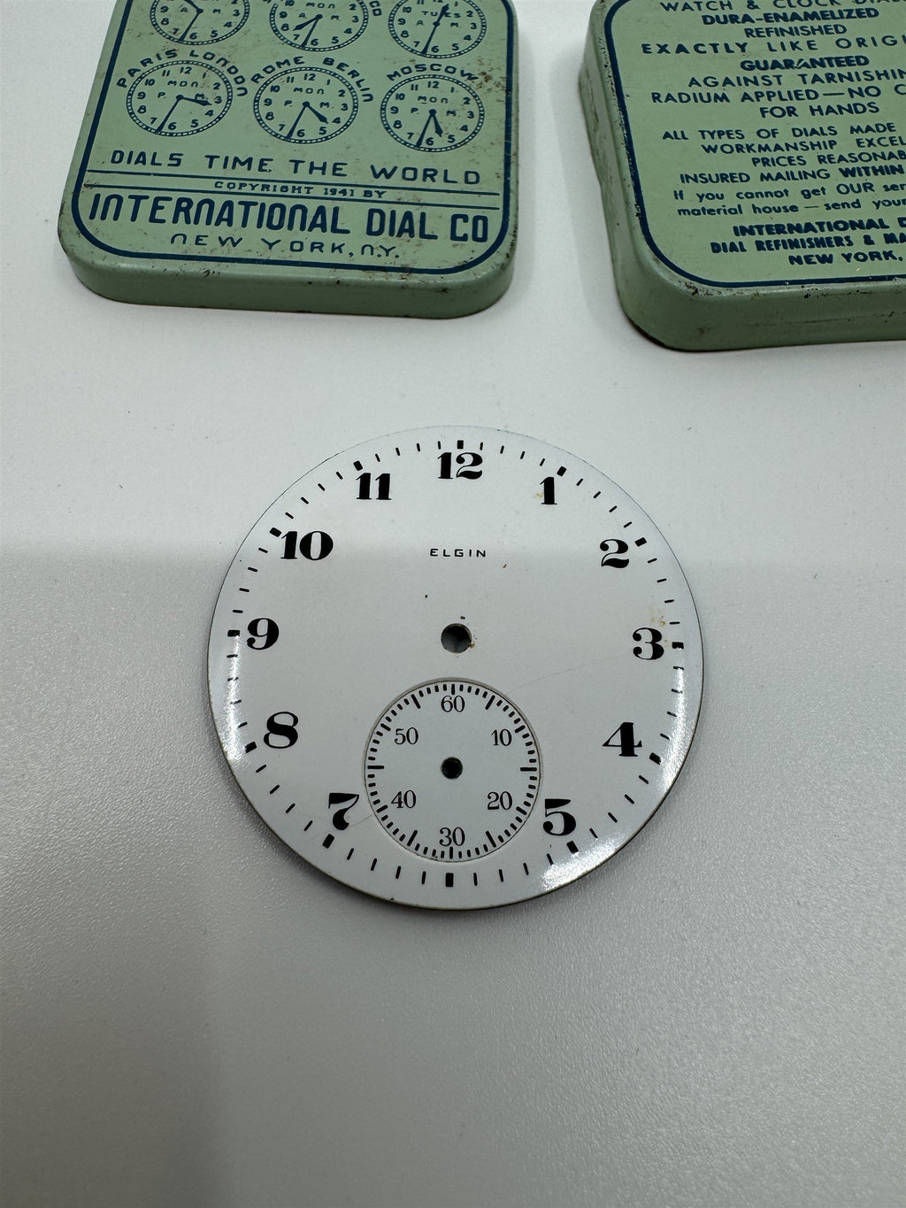 Vintage Elgin Enamel Pocket Watch Dial /w International Dial Co. Tin