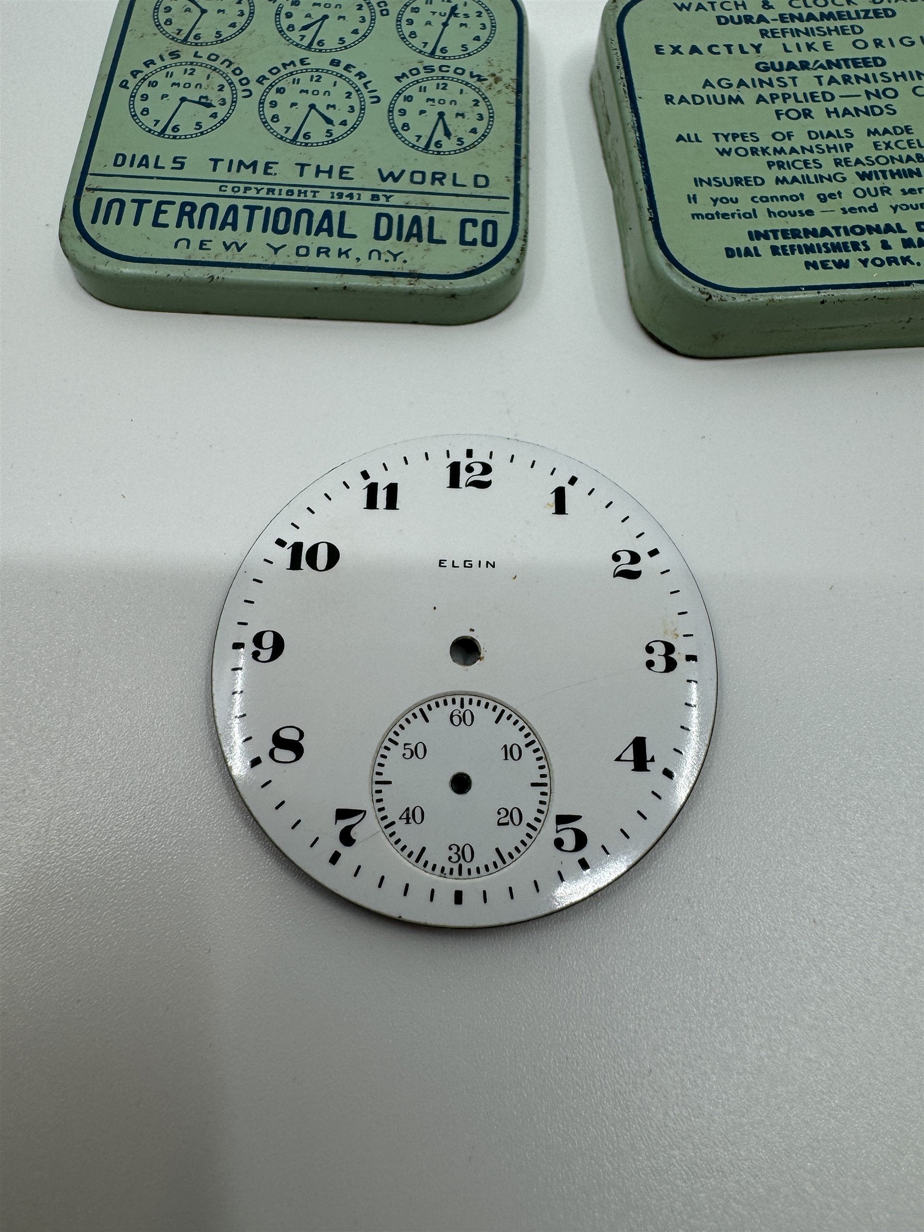 Vintage Elgin Enamel Pocket Watch Dial /w International Dial Co. Tin