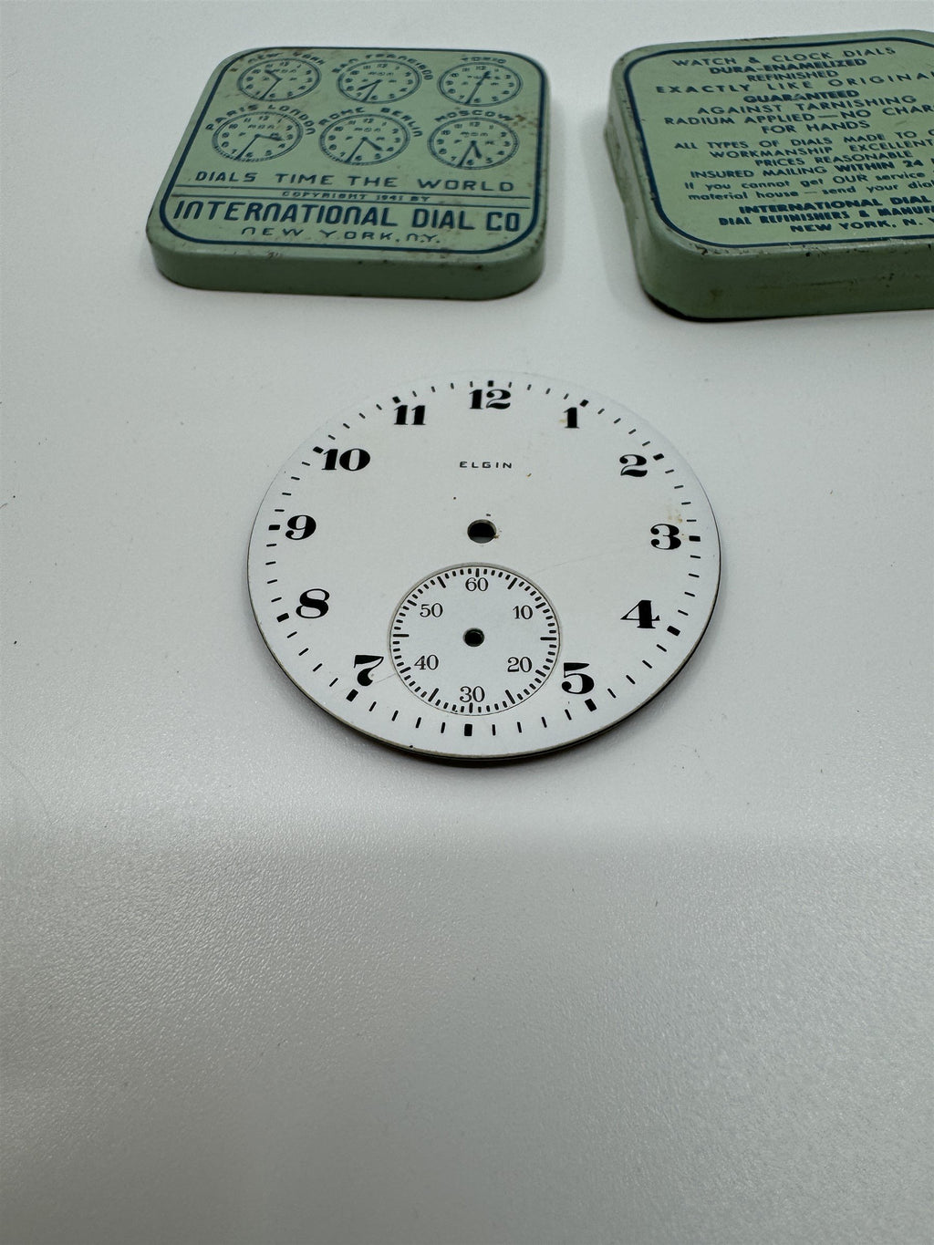 Vintage Elgin Enamel Pocket Watch Dial /w International Dial Co. Tin