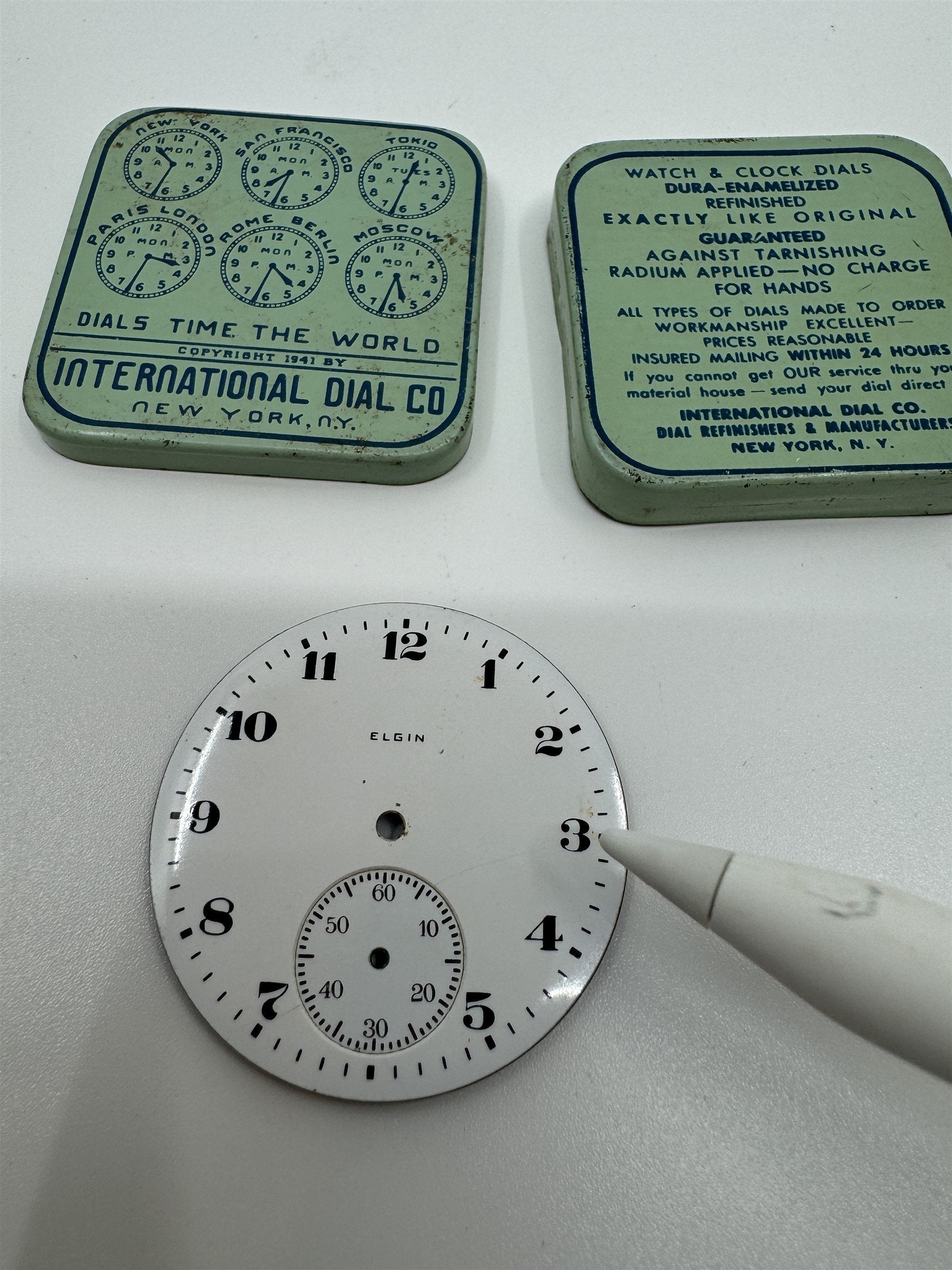 Vintage Elgin Enamel Pocket Watch Dial /w International Dial Co. Tin
