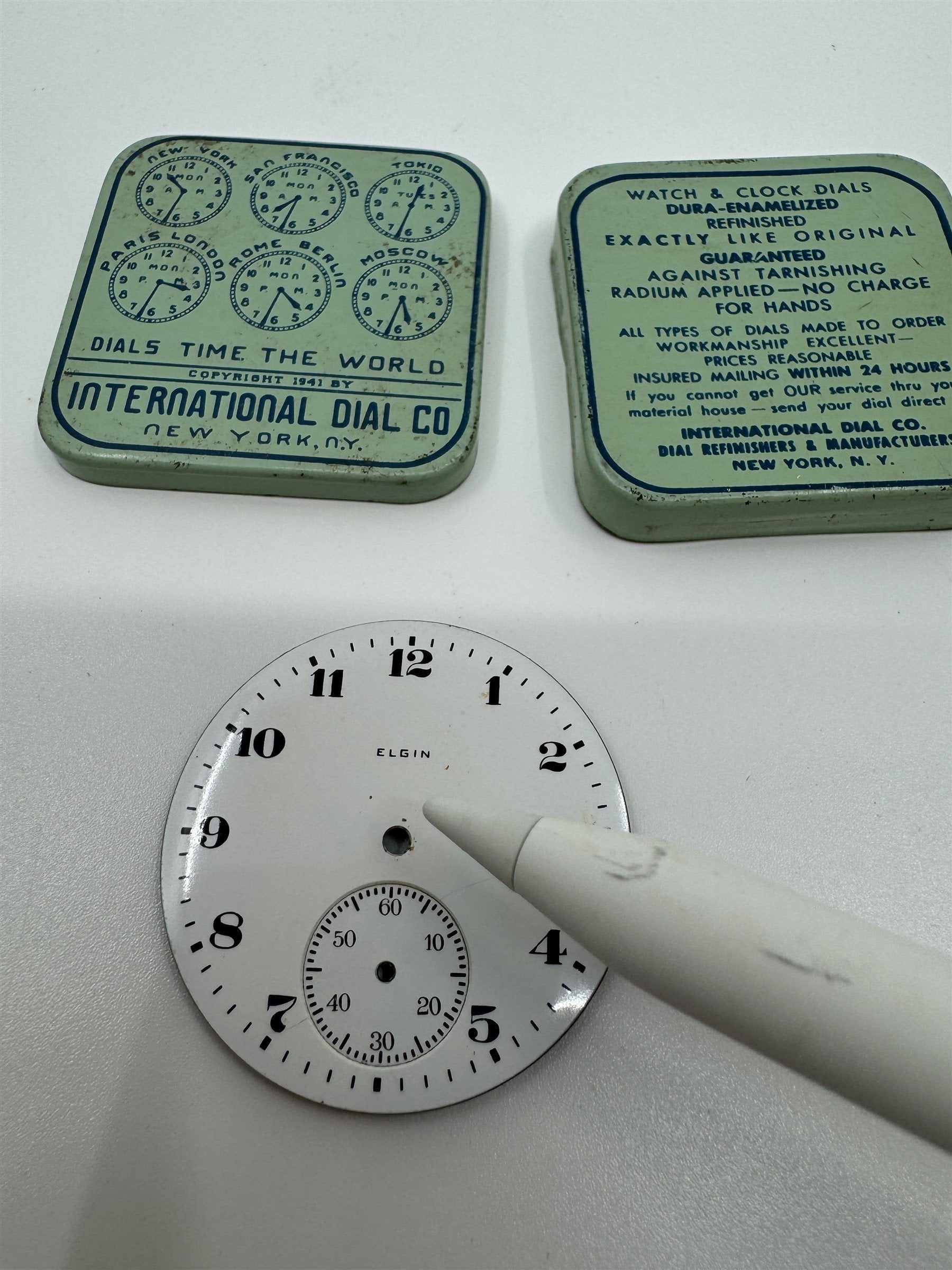 Vintage Elgin Enamel Pocket Watch Dial /w International Dial Co. Tin