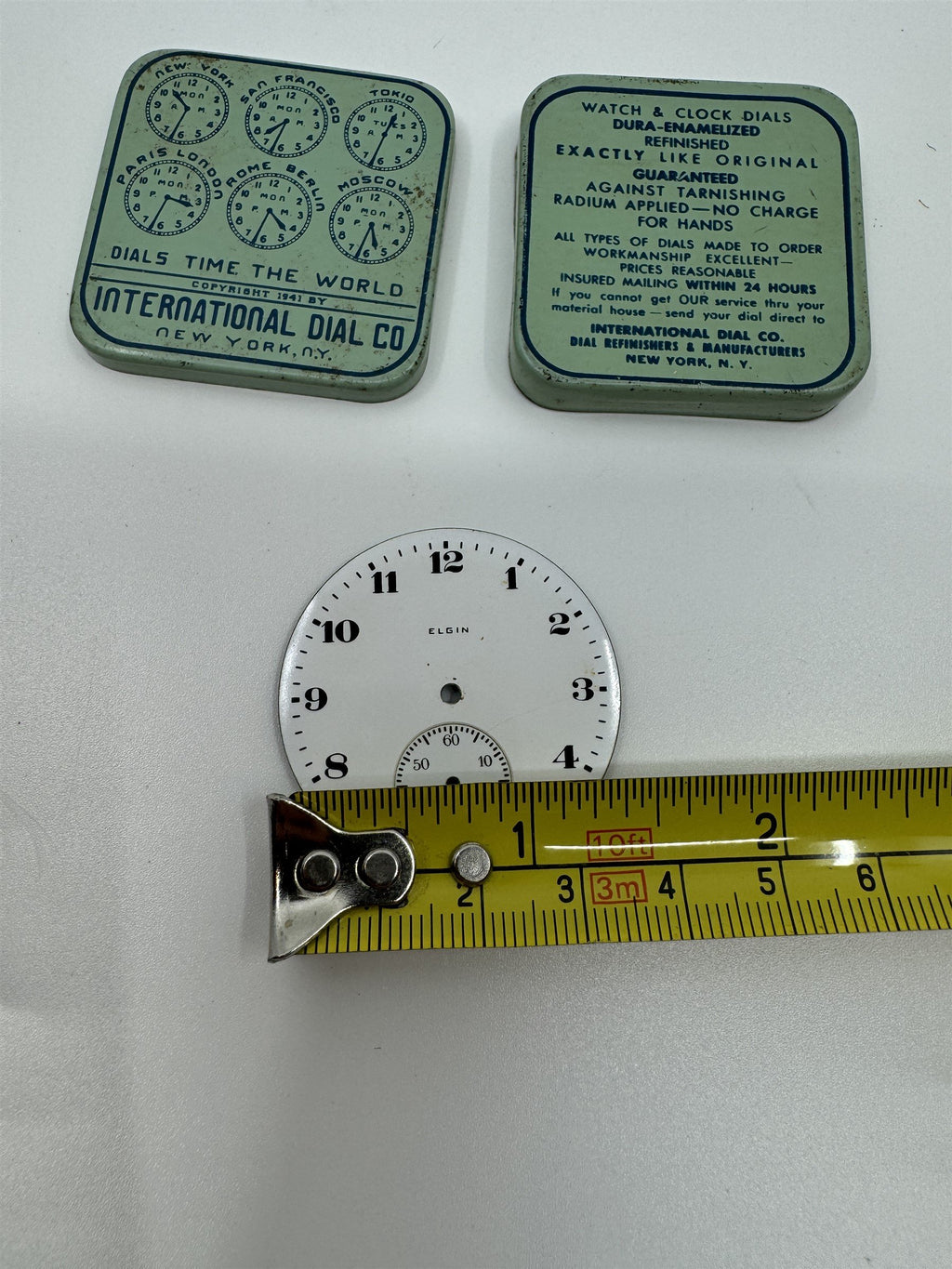 Vintage Elgin Enamel Pocket Watch Dial /w International Dial Co. Tin