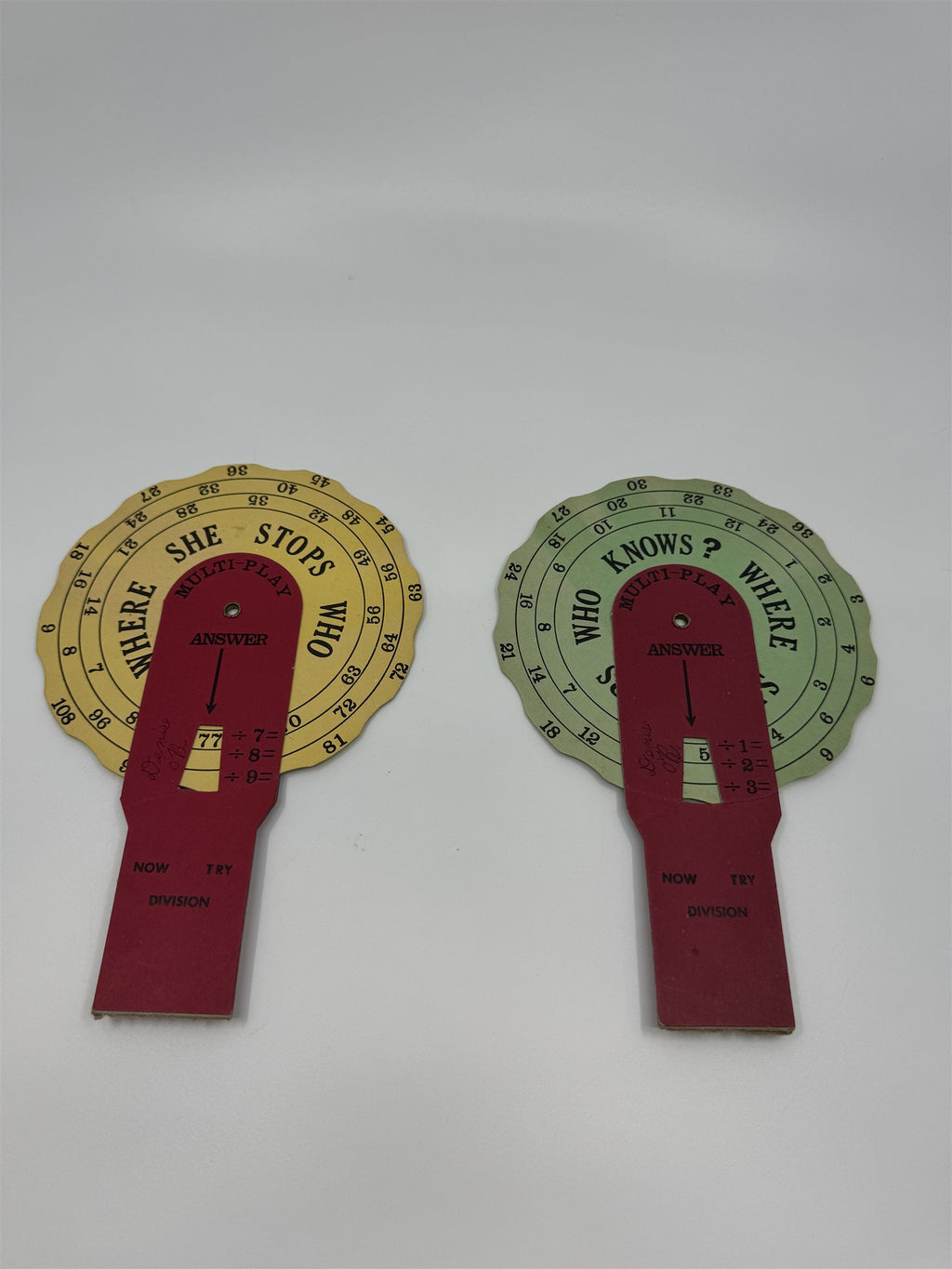 Set of 2 Vintage Multi-Play Fast and Fun Multiplication and Division Paper Wheel