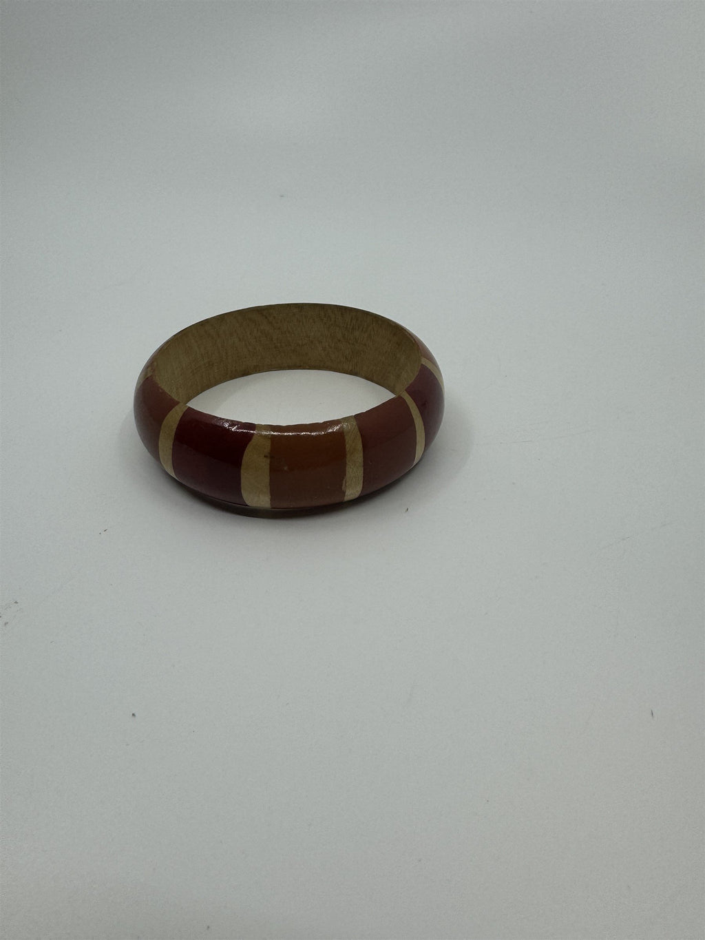 Vintage Safari-Style Red and Orange Striped Wooden Enamel Bangle Bracelet 1980's