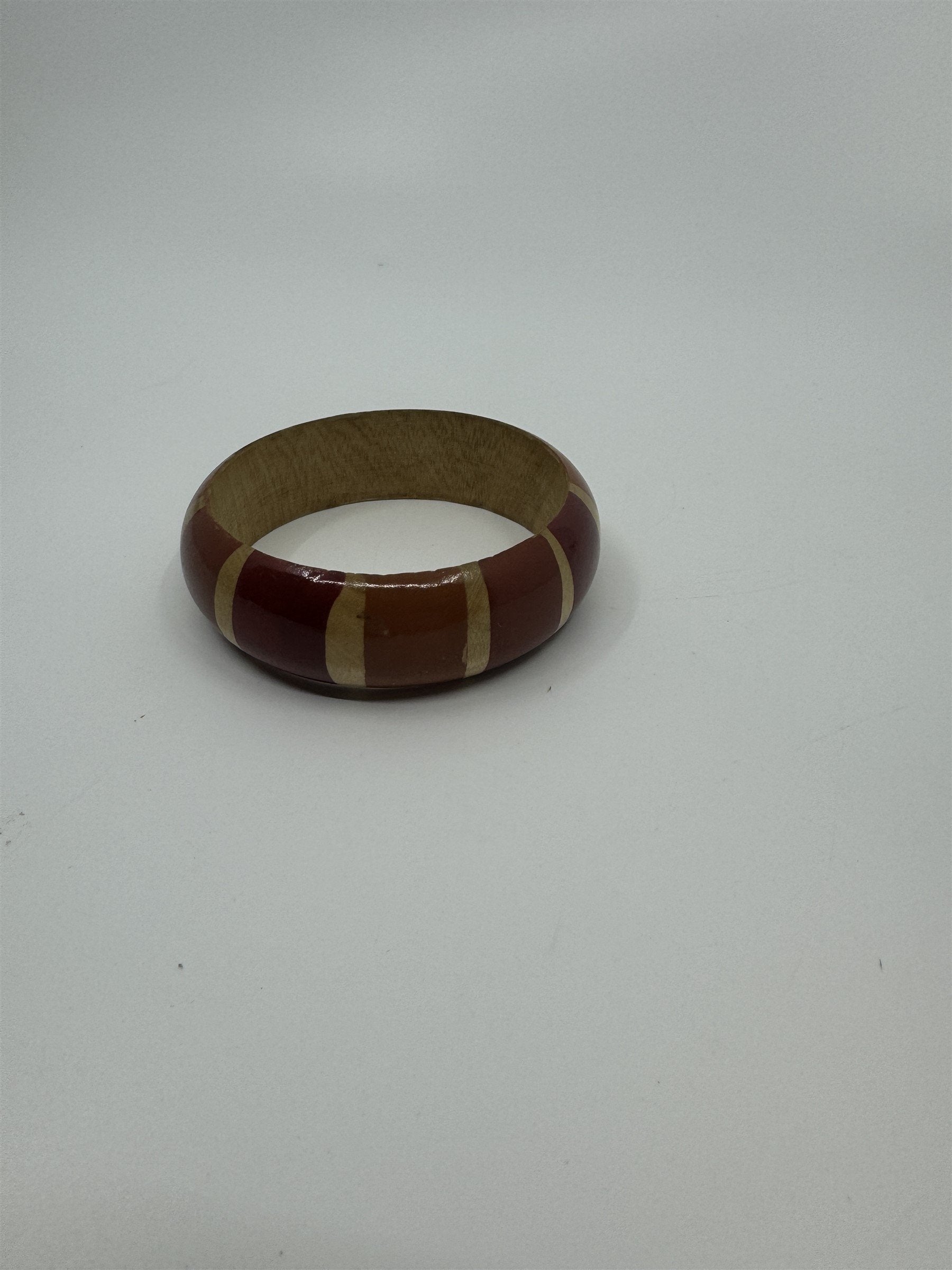 Vintage Safari-Style Red and Orange Striped Wooden Enamel Bangle Bracelet 1980's
