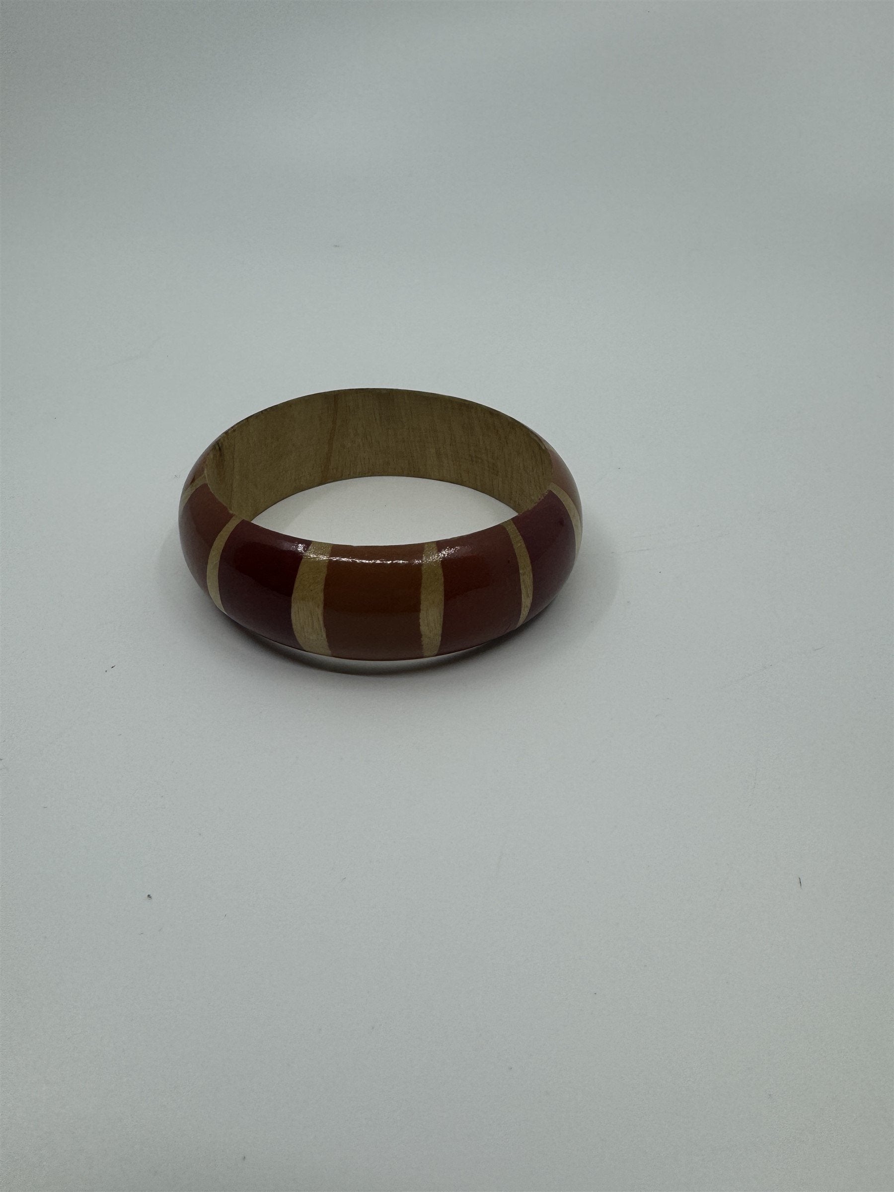 Vintage Safari-Style Red and Orange Striped Wooden Enamel Bangle Bracelet 1980's
