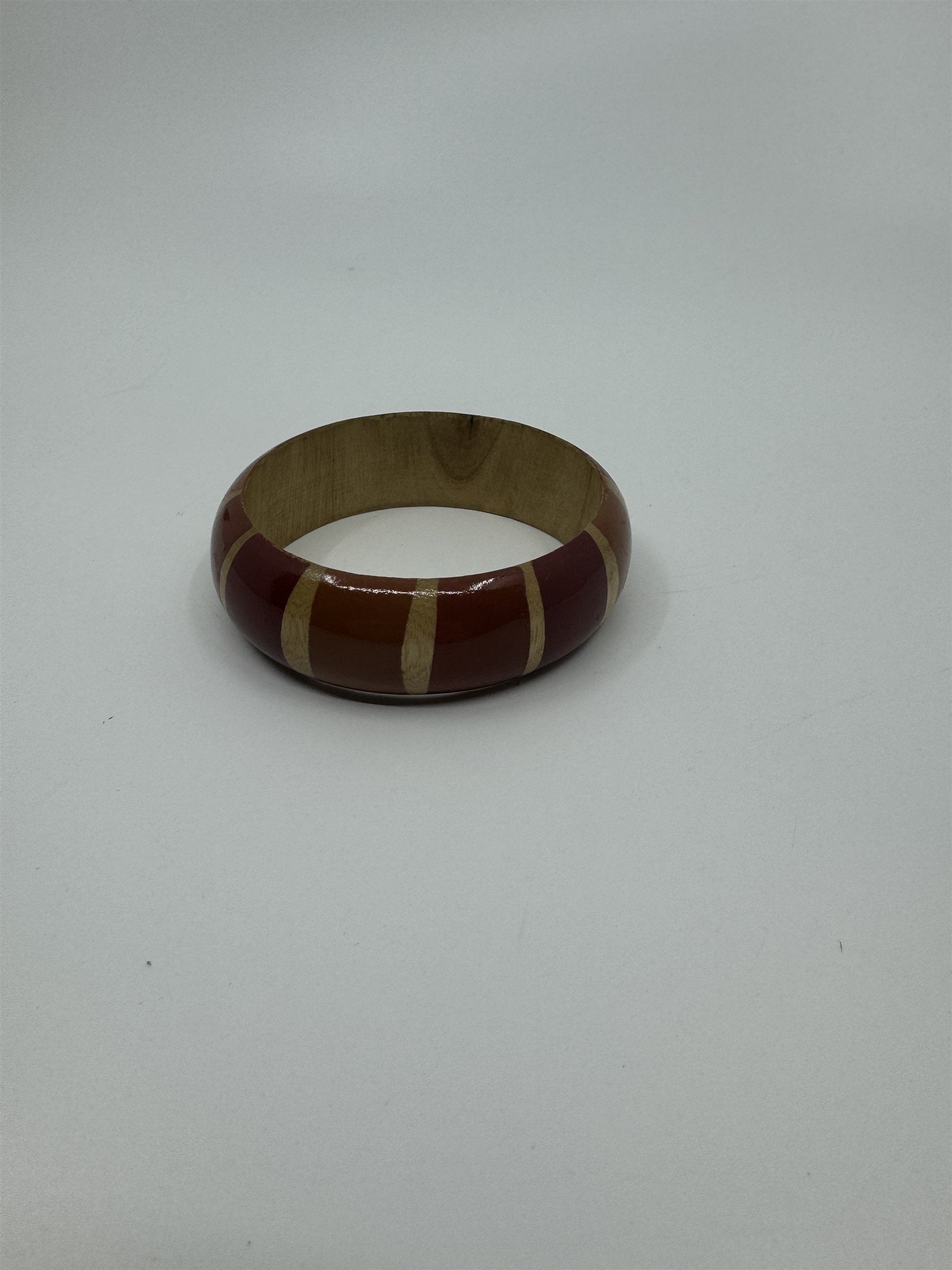 Vintage Safari-Style Red and Orange Striped Wooden Enamel Bangle Bracelet 1980's
