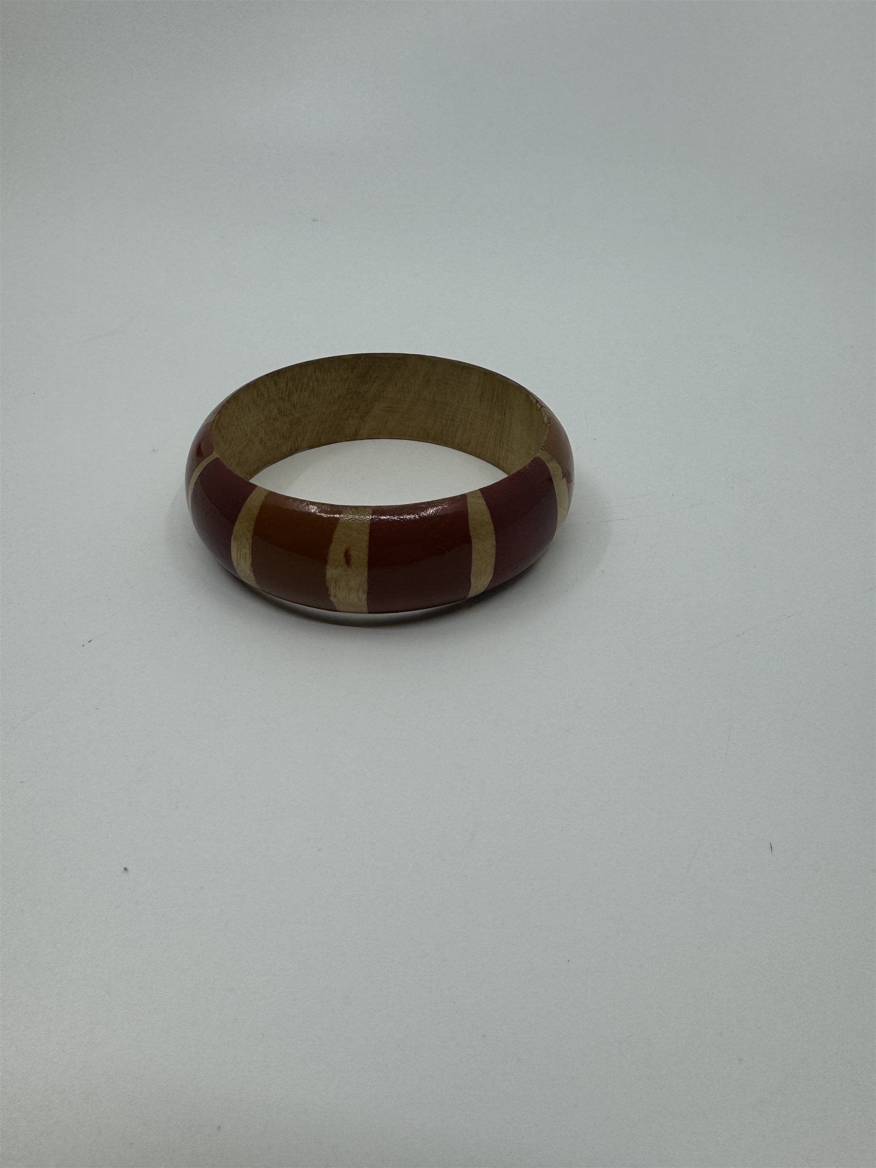 Vintage Safari-Style Red and Orange Striped Wooden Enamel Bangle Bracelet 1980's