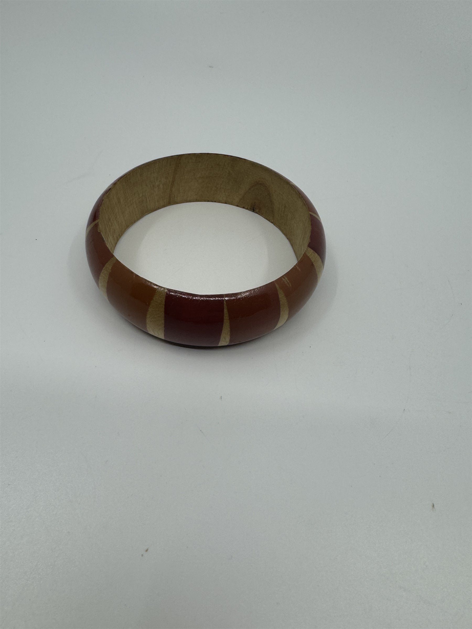 Vintage Safari-Style Red and Orange Striped Wooden Enamel Bangle Bracelet 1980's