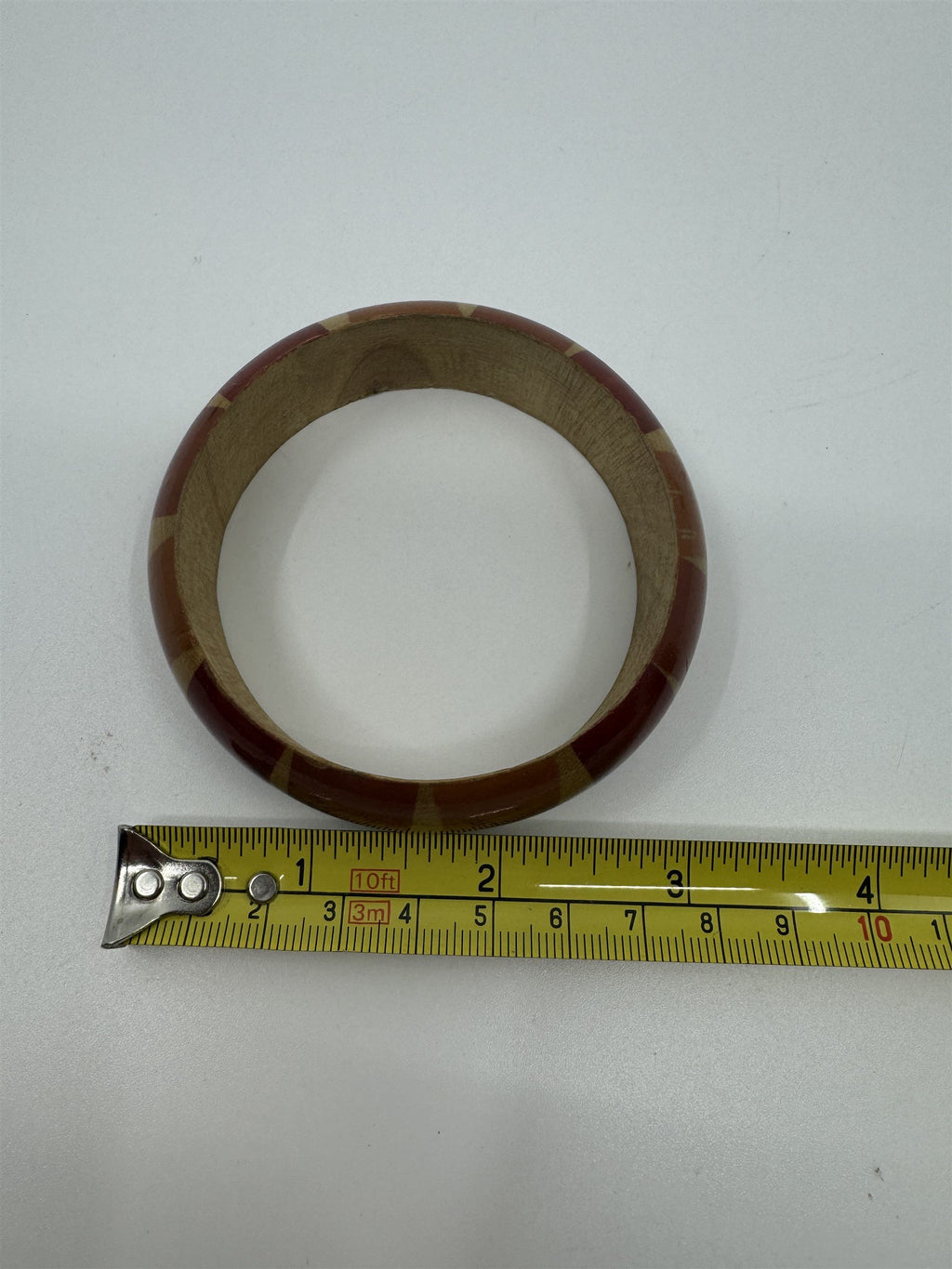 Vintage Safari-Style Red and Orange Striped Wooden Enamel Bangle Bracelet 1980's