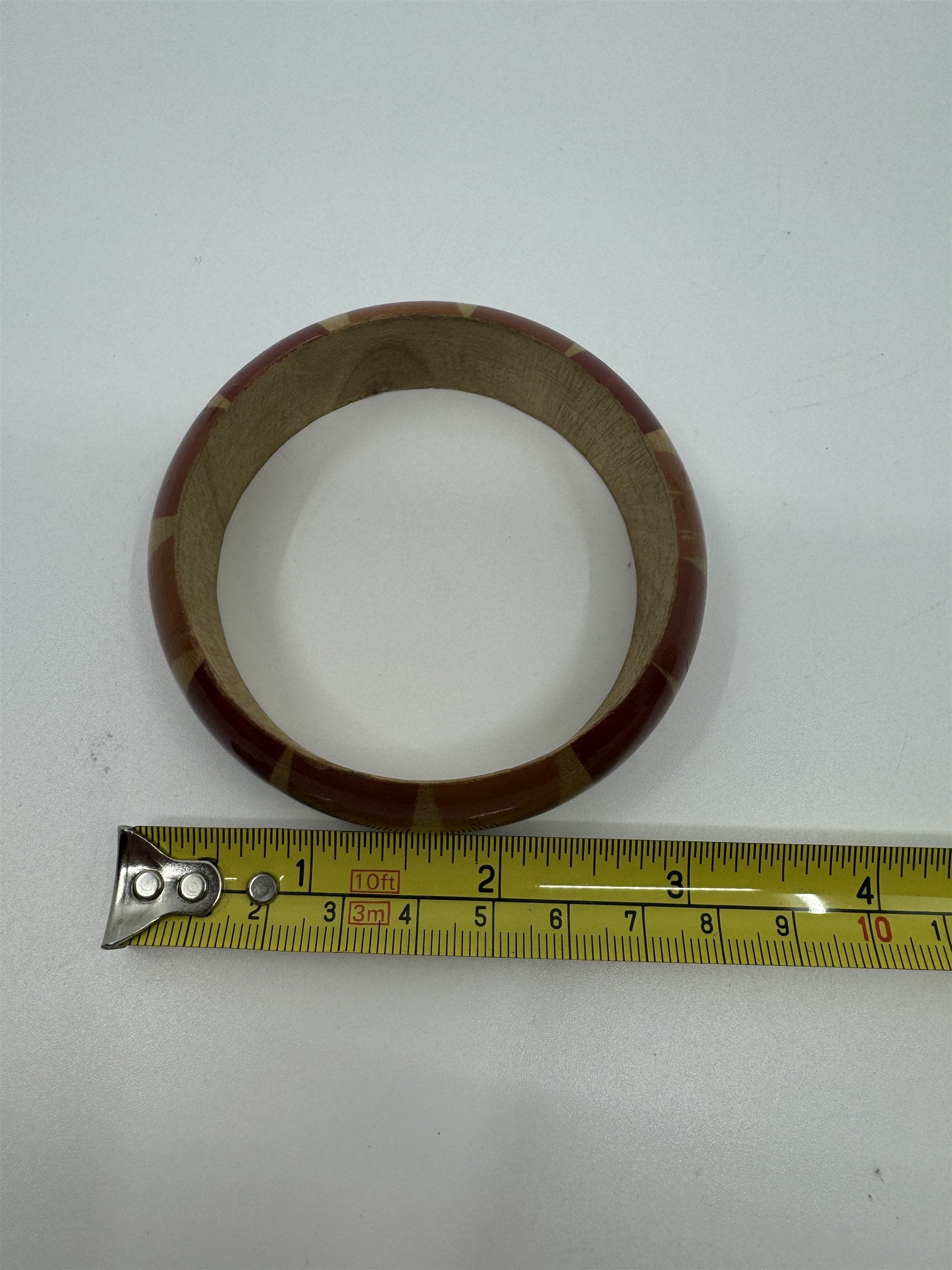 Vintage Safari-Style Red and Orange Striped Wooden Enamel Bangle Bracelet 1980's