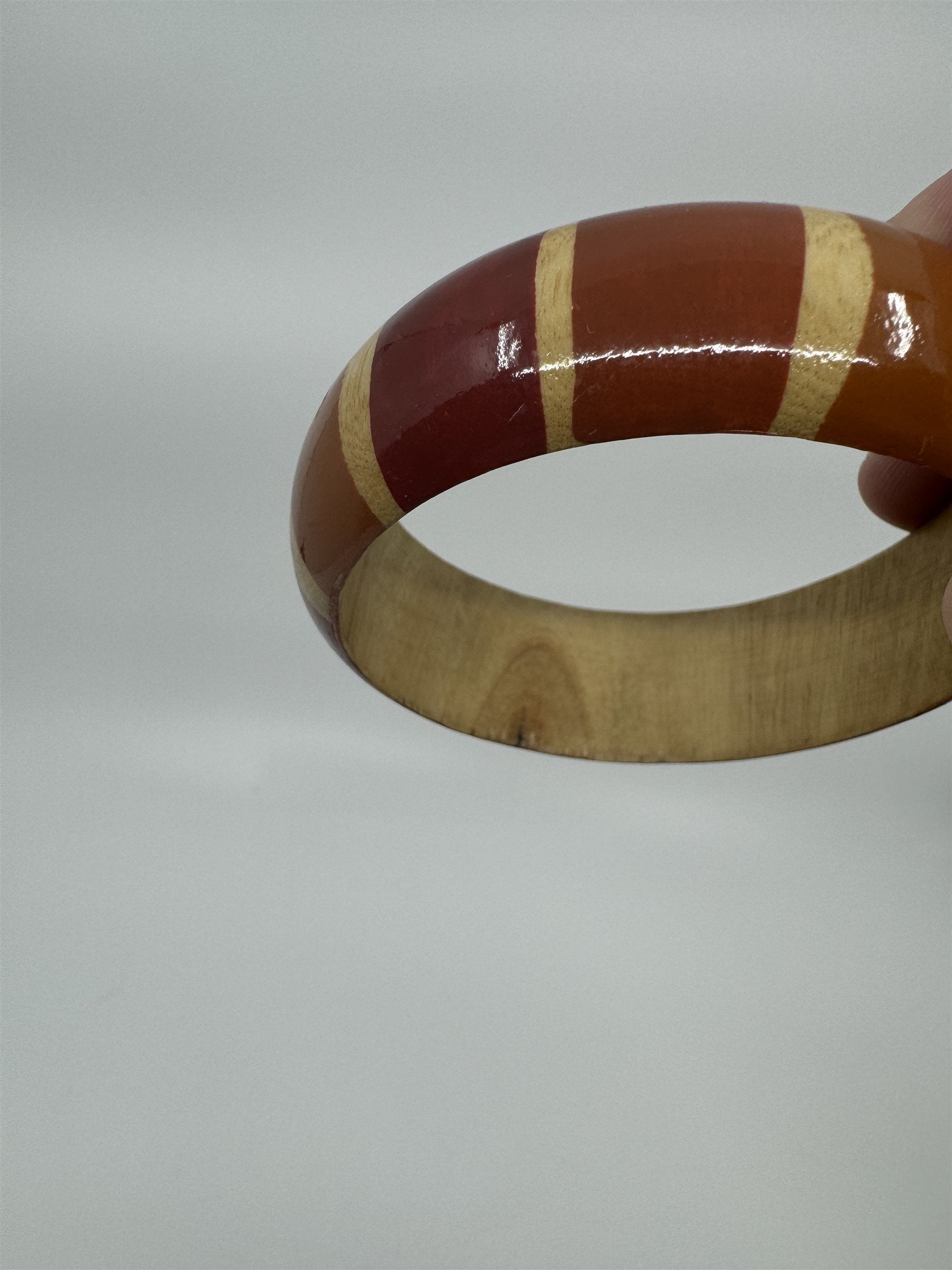 Vintage Safari-Style Red and Orange Striped Wooden Enamel Bangle Bracelet 1980's