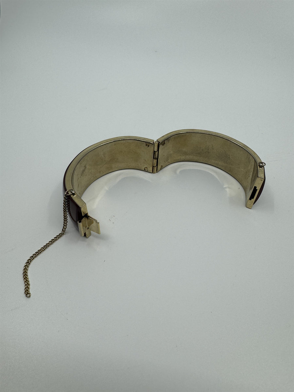 Vintage Brown Enamel Gold Tone Hinged Bangle Bracelet with Safety Chain Snapped