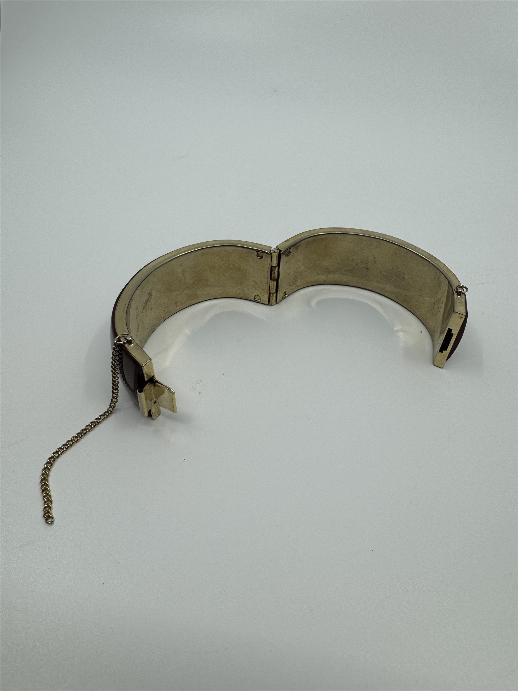 Vintage Brown Enamel Gold Tone Hinged Bangle Bracelet with Safety Chain Snapped
