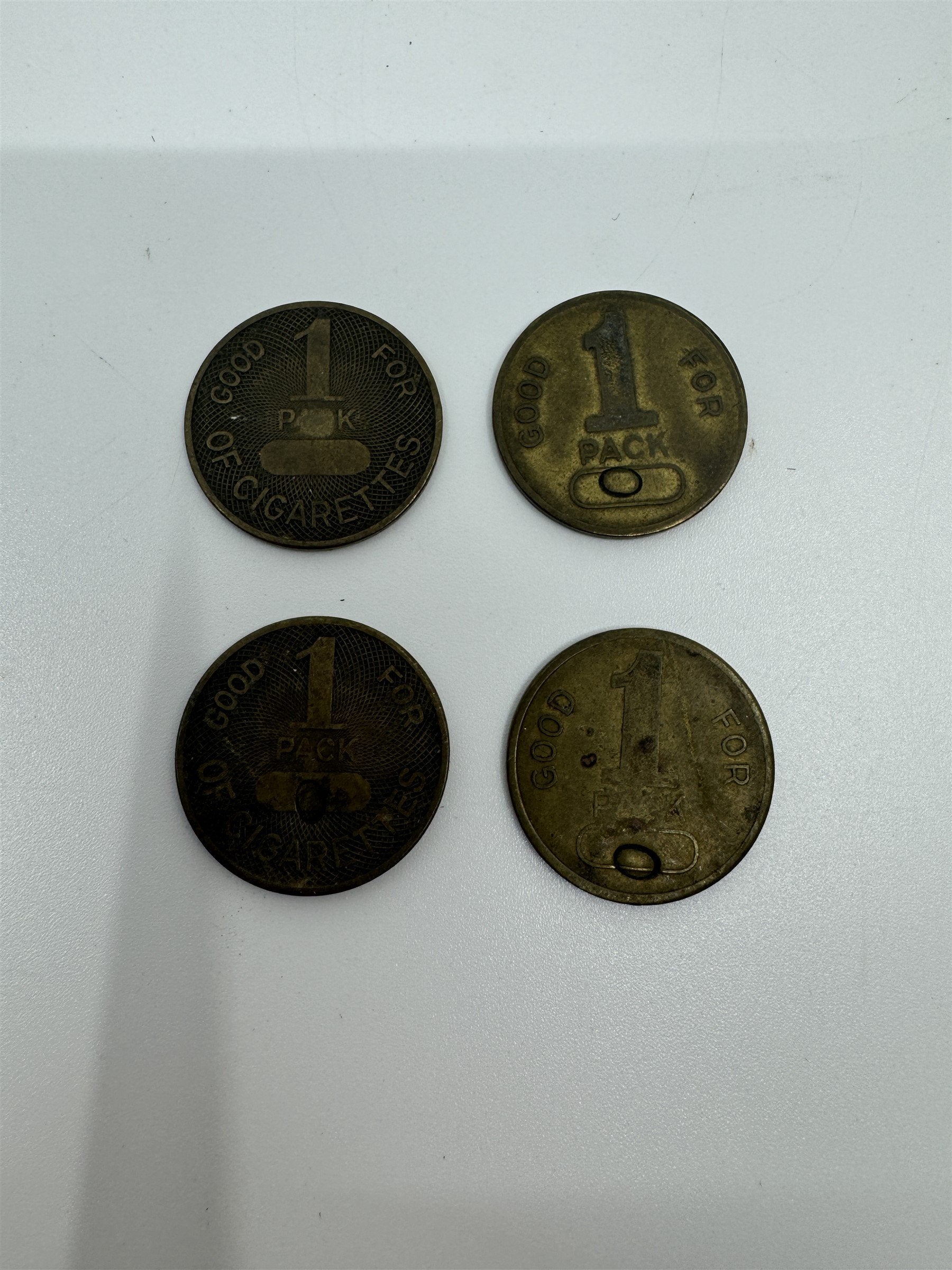 Set of 4 Vintage Good for 1 Pack Cigarette Machine Tokens Brass Novelty Coins