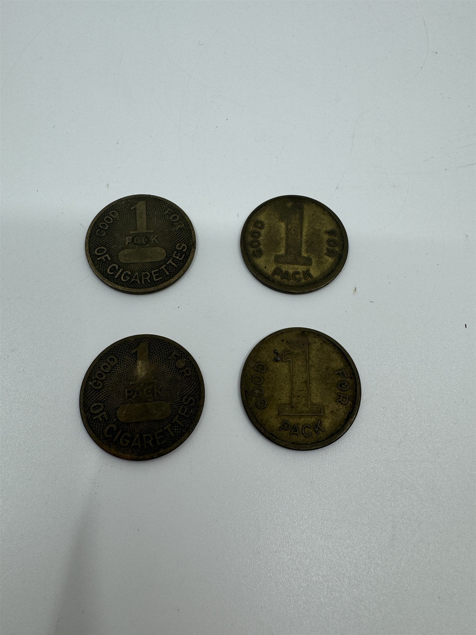 Set of 4 Vintage Good for 1 Pack Cigarette Machine Tokens Brass Novelty Coins