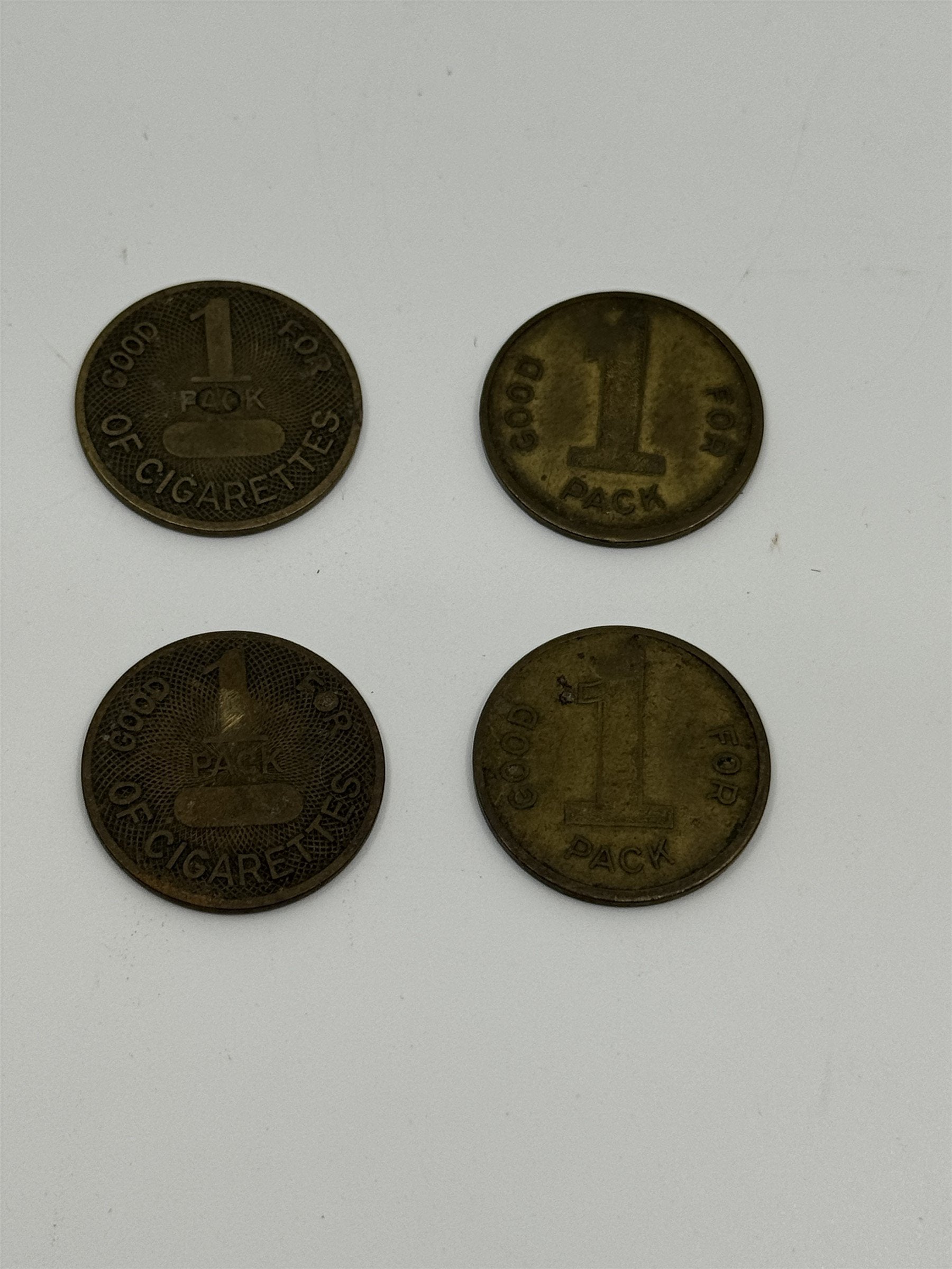 Set of 4 Vintage Good for 1 Pack Cigarette Machine Tokens Brass Novelty Coins