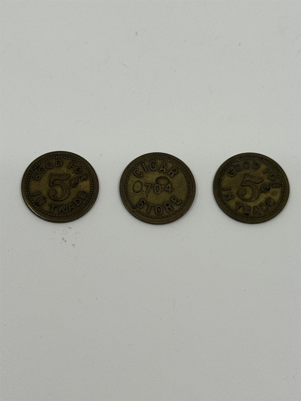 Set of 3 Vintage Good For 5 Cents in Trade Cigar Store 704 Token Coins