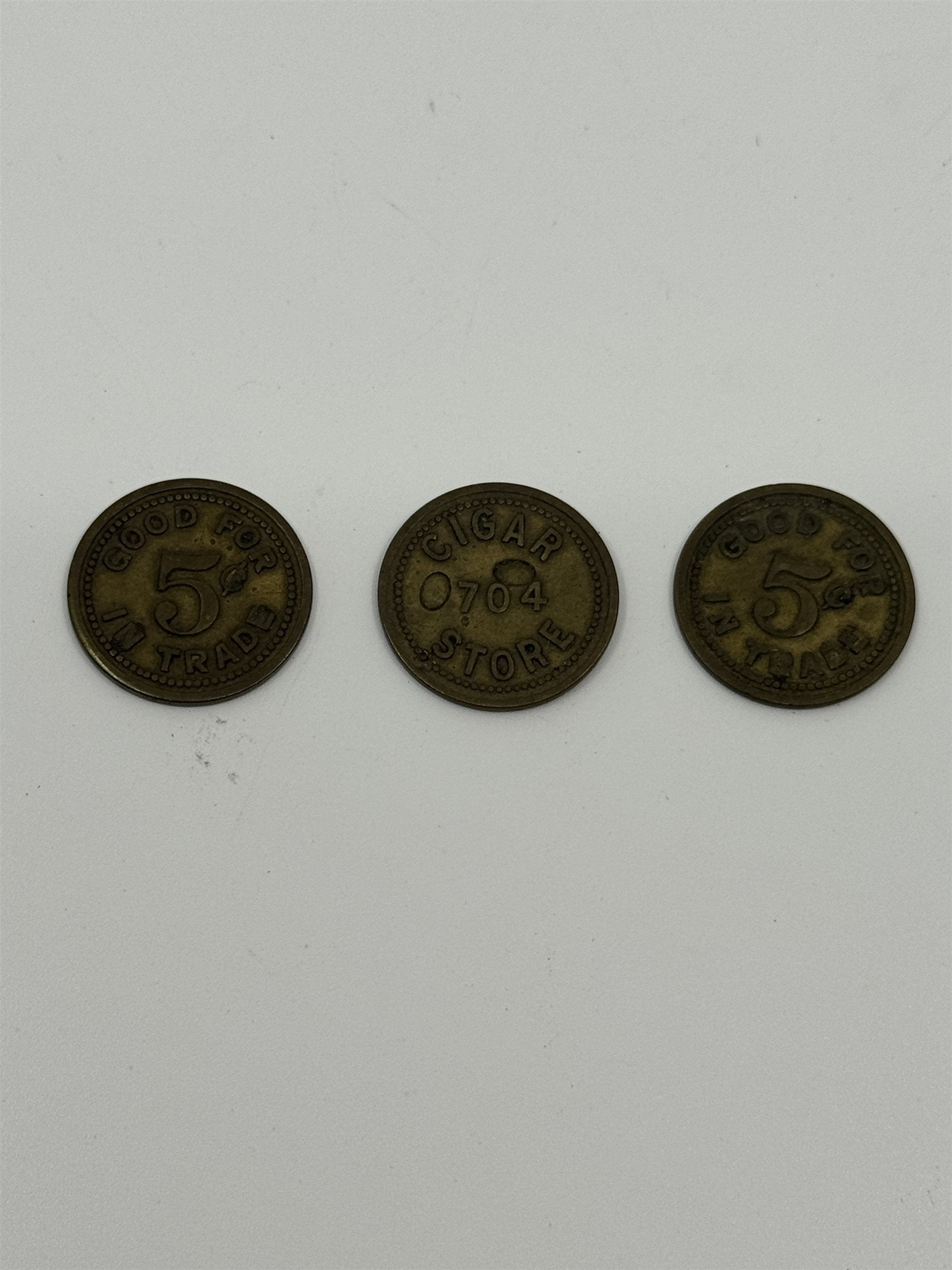 Set of 3 Vintage Good For 5 Cents in Trade Cigar Store 704 Token Coins