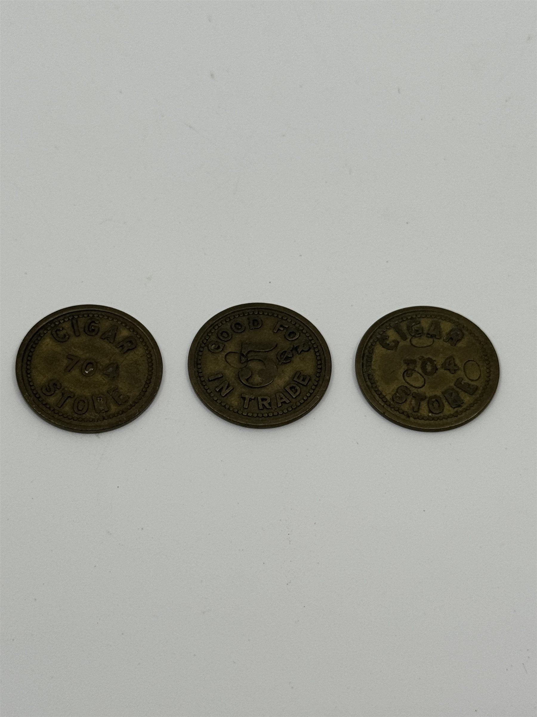 Set of 3 Vintage Good For 5 Cents in Trade Cigar Store 704 Token Coins