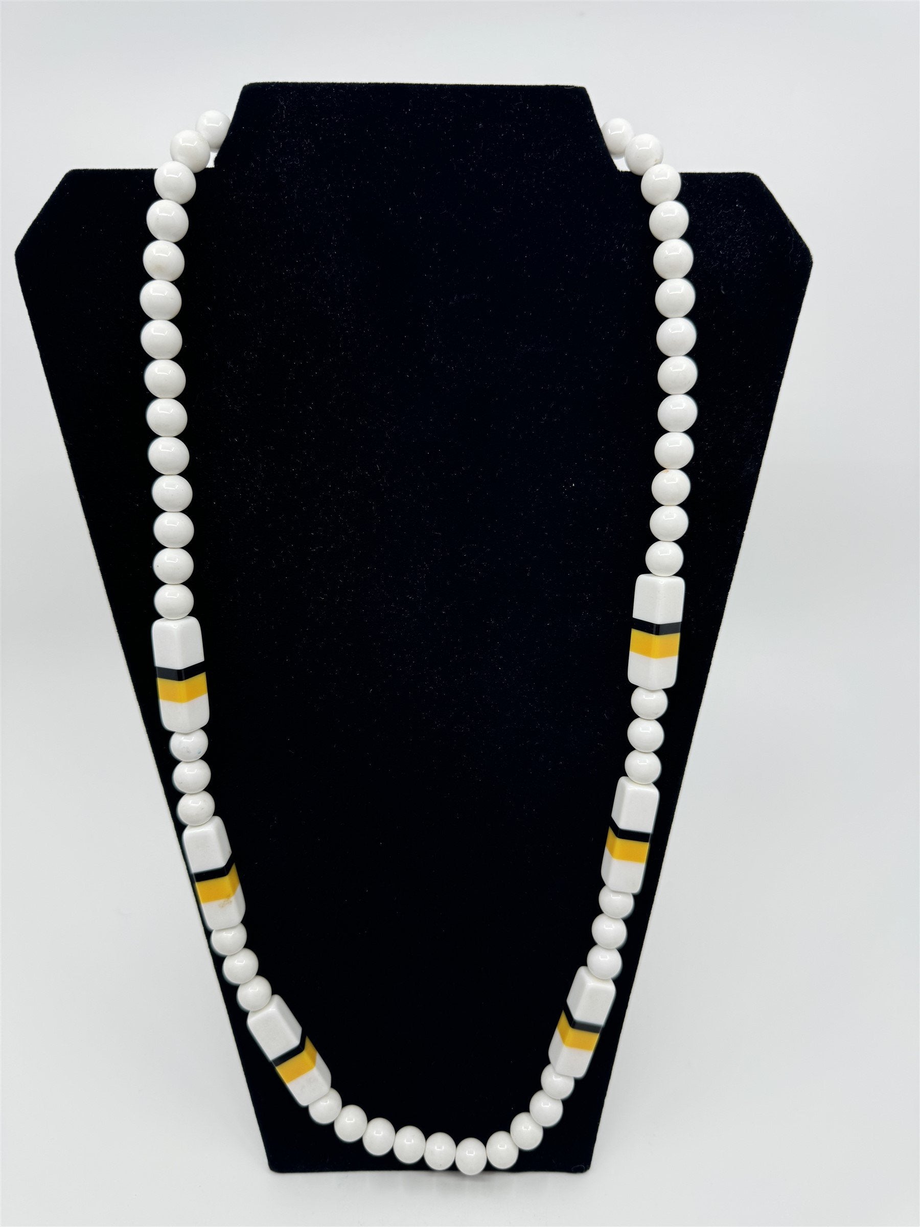 Vintage Costume Jewelry Necklace White Beads /w White/Black/Yellow Rectangular