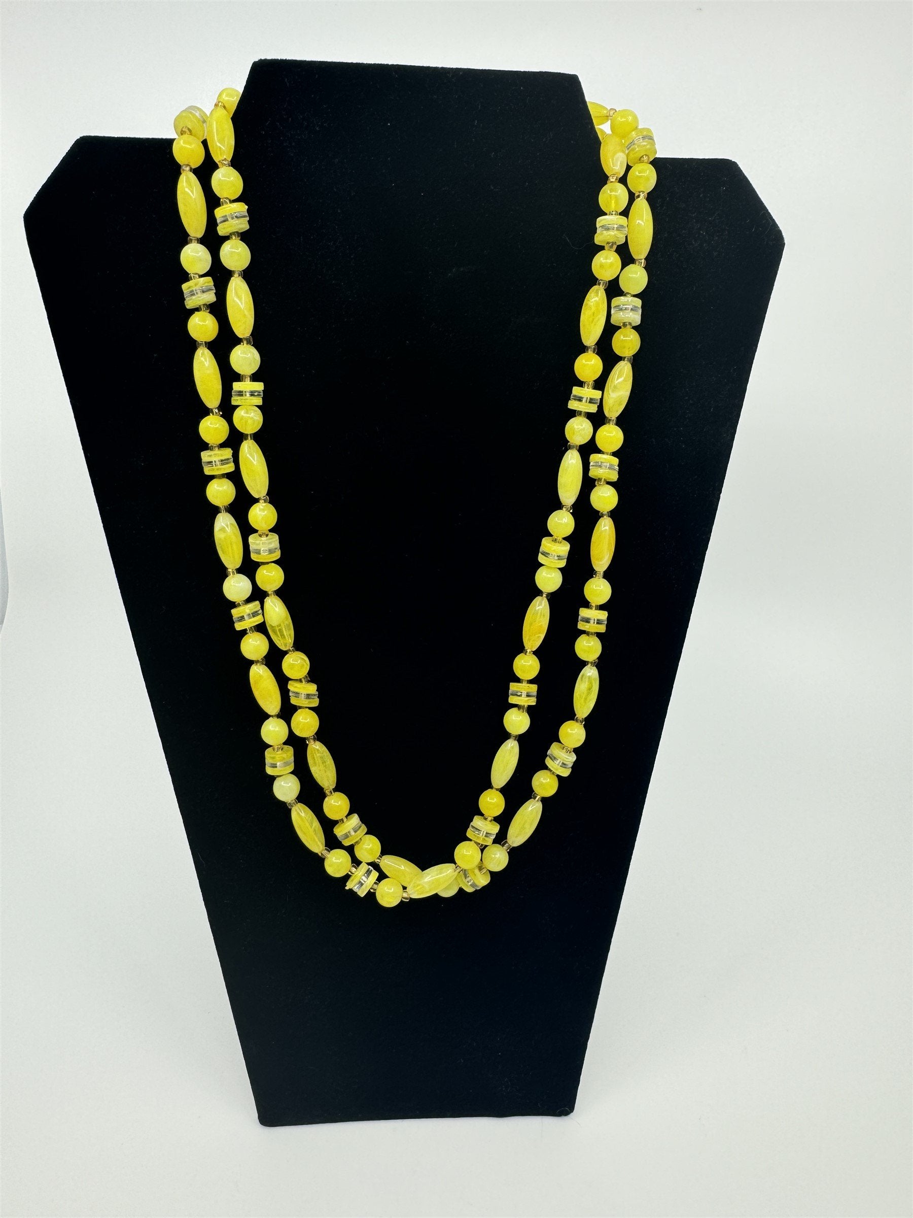 Vintage Costume Jewelry Necklace Yellow Faux Lucite Crystal Beaded Necklace Long