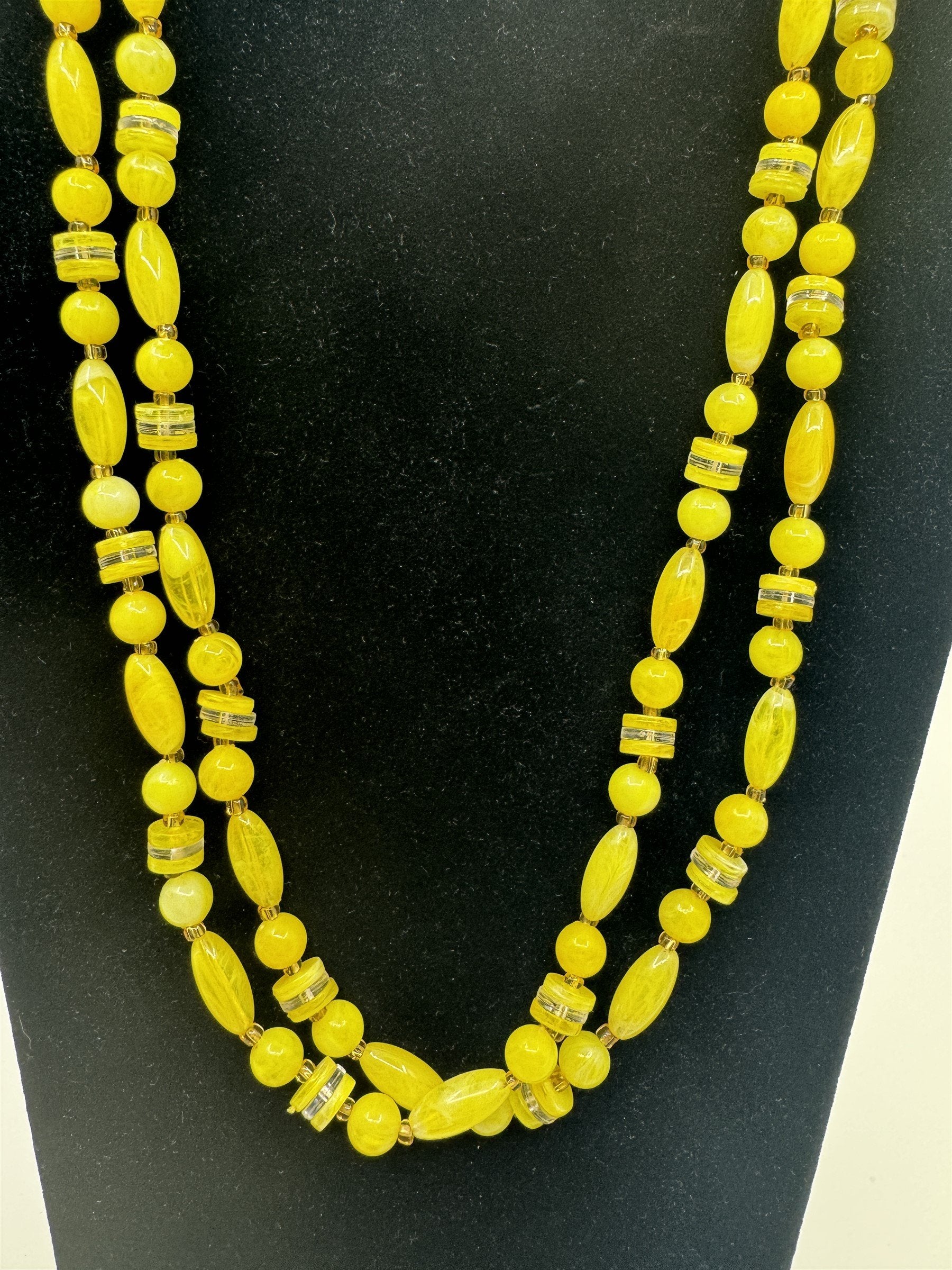 Vintage Costume Jewelry Necklace Yellow Faux Lucite Crystal Beaded Necklace Long
