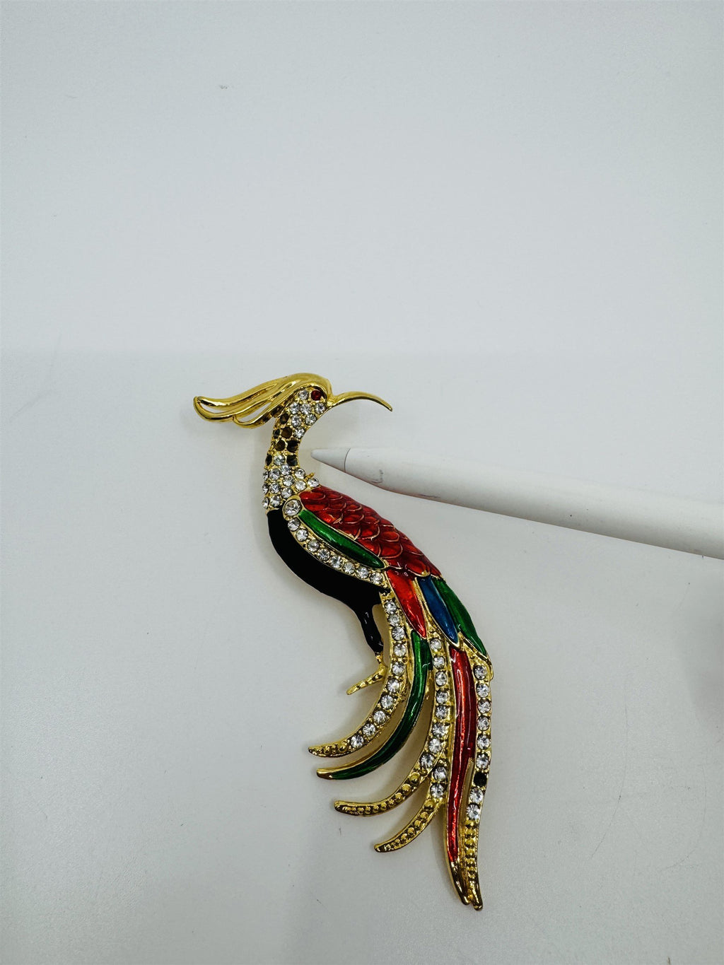 Vintage Art Deco Peacock Rhinestone Crystal Gold-Toned Vibrant Bird Brooch