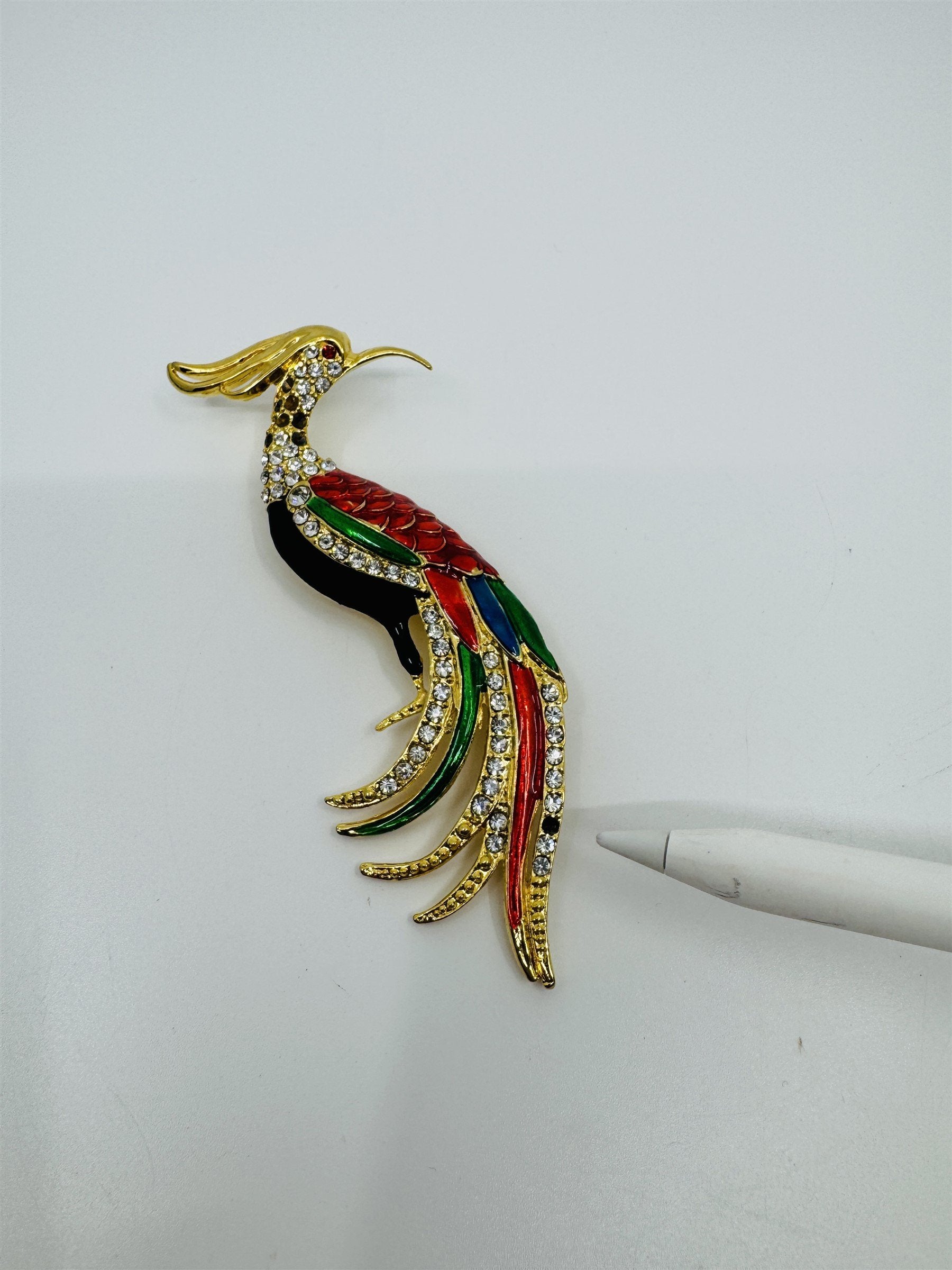 Vintage Art Deco Peacock Rhinestone Crystal Gold-Toned Vibrant Bird Brooch