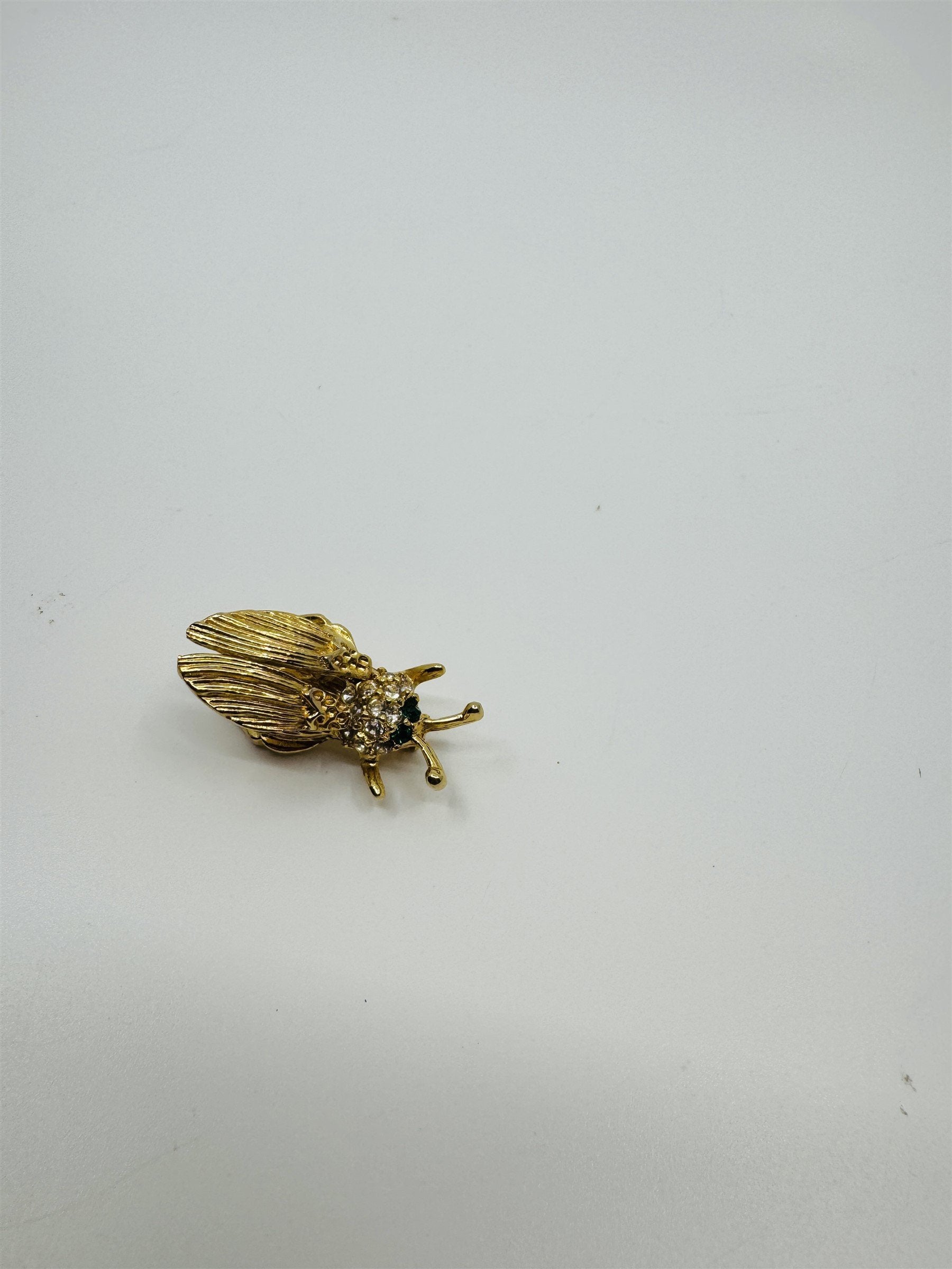 Vintage Gold-Tone Rhinestone Trembled Bug Bee Brooch Pin /w Spring Wings (Loose)