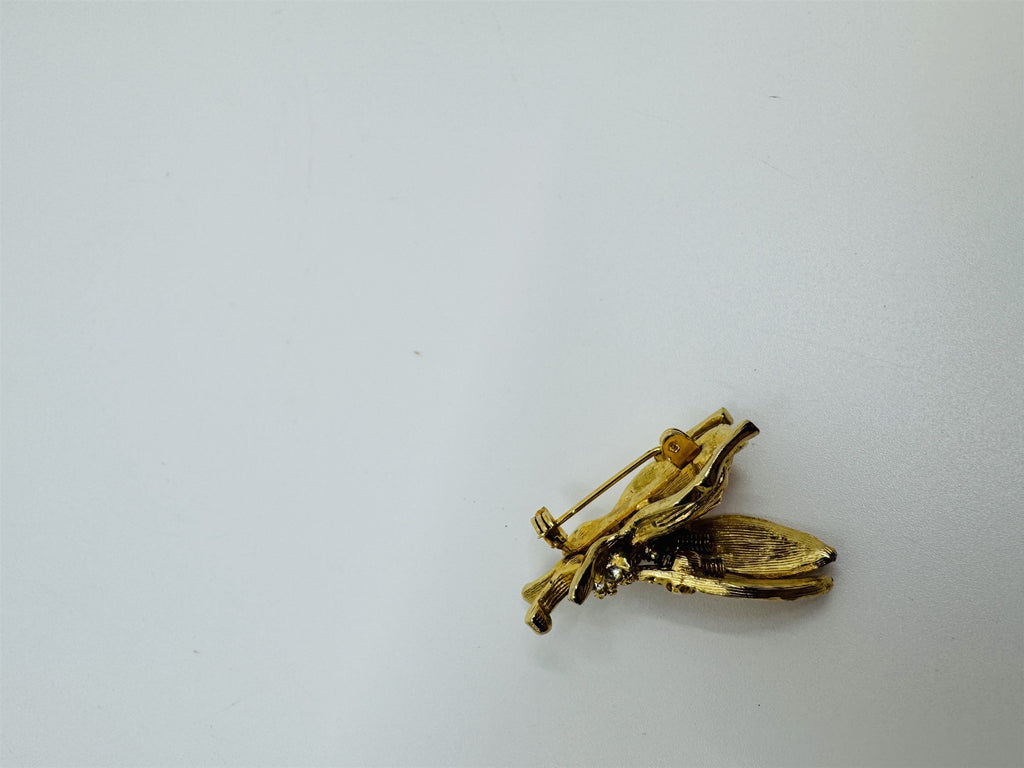 Vintage Gold-Tone Rhinestone Trembled Bug Bee Brooch Pin /w Spring Wings (Loose)