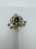 Vintage Flower Starburst Snowflake Brooch Blue Center Gem /w Rhinestones Crystal