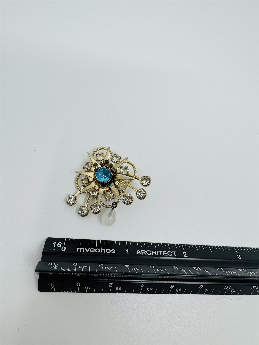 Vintage Flower Starburst Snowflake Brooch Blue Center Gem /w Rhinestones Crystal
