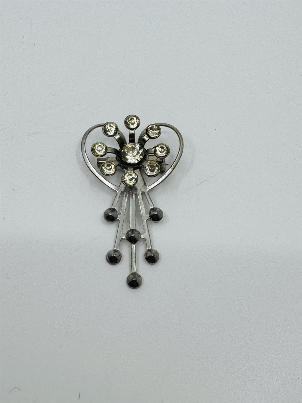Vintage 1960s Atomic Style Silver Tone Heart Flower Rhinestone Brooch Pendant