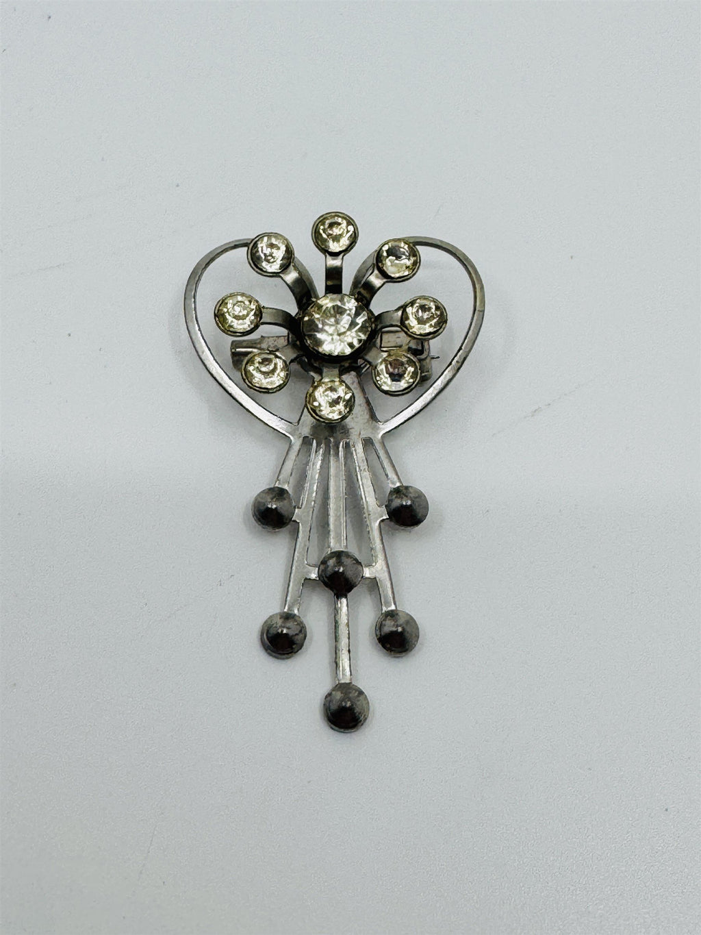 Vintage 1960s Atomic Style Silver Tone Heart Flower Rhinestone Brooch Pendant