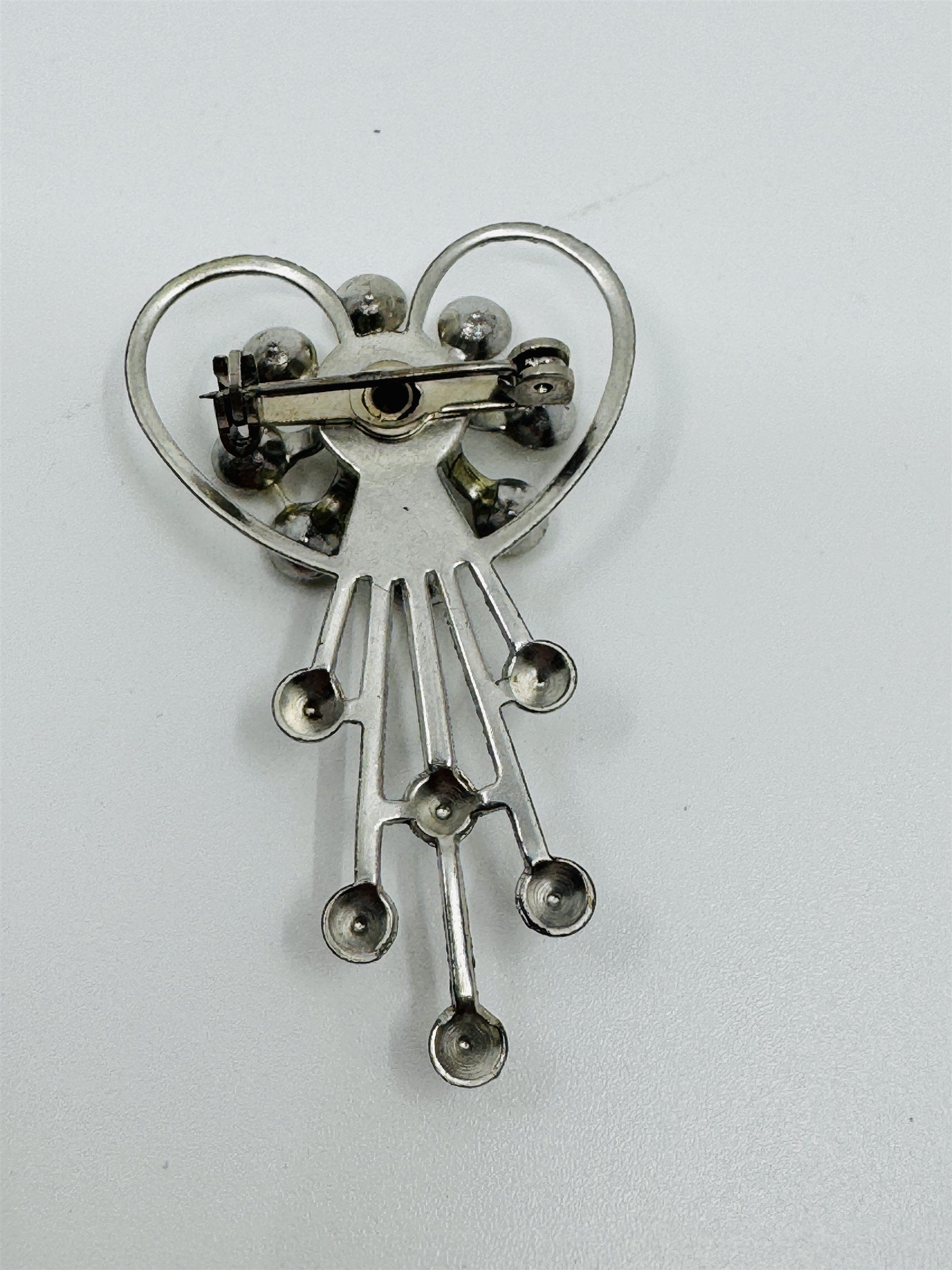 Vintage 1960s Atomic Style Silver Tone Heart Flower Rhinestone Brooch Pendant