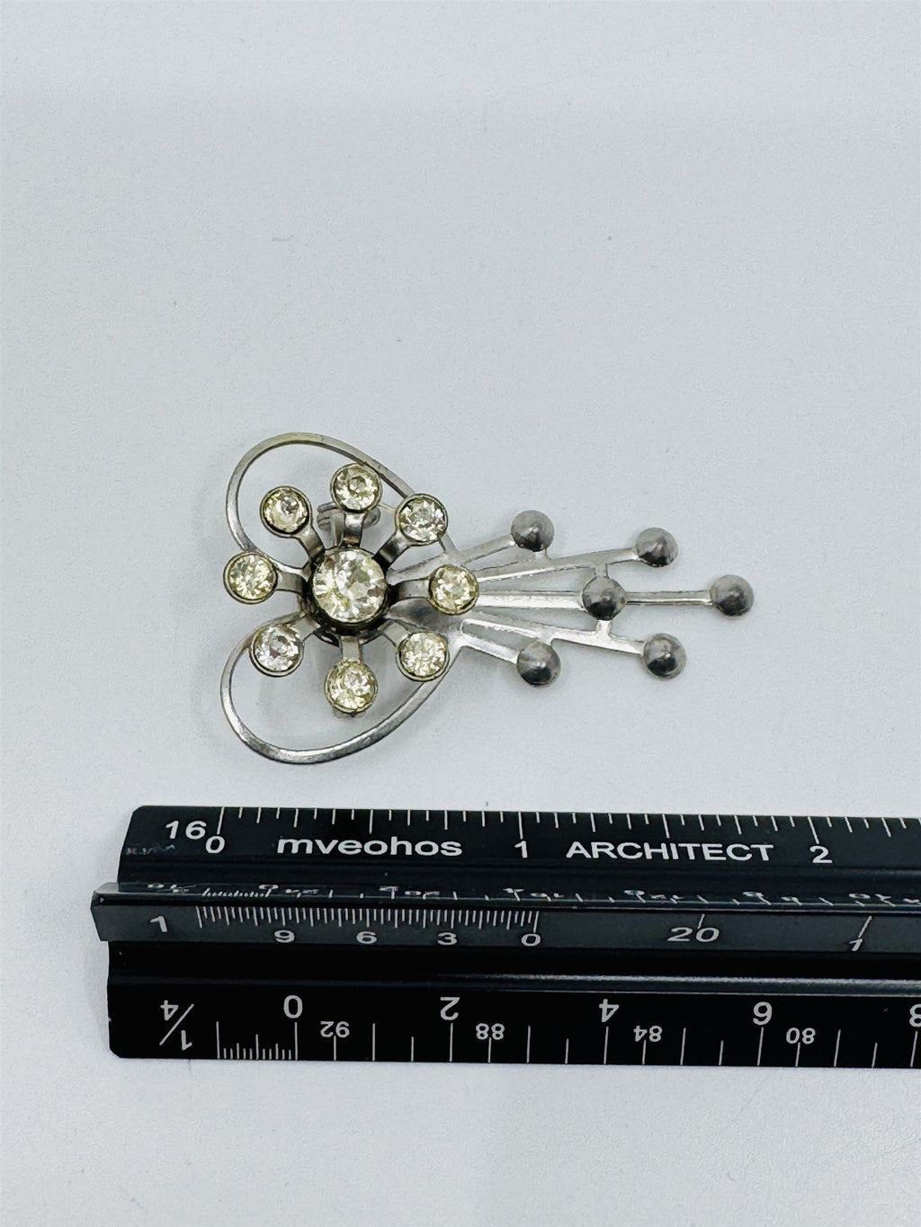 Vintage 1960s Atomic Style Silver Tone Heart Flower Rhinestone Brooch Pendant