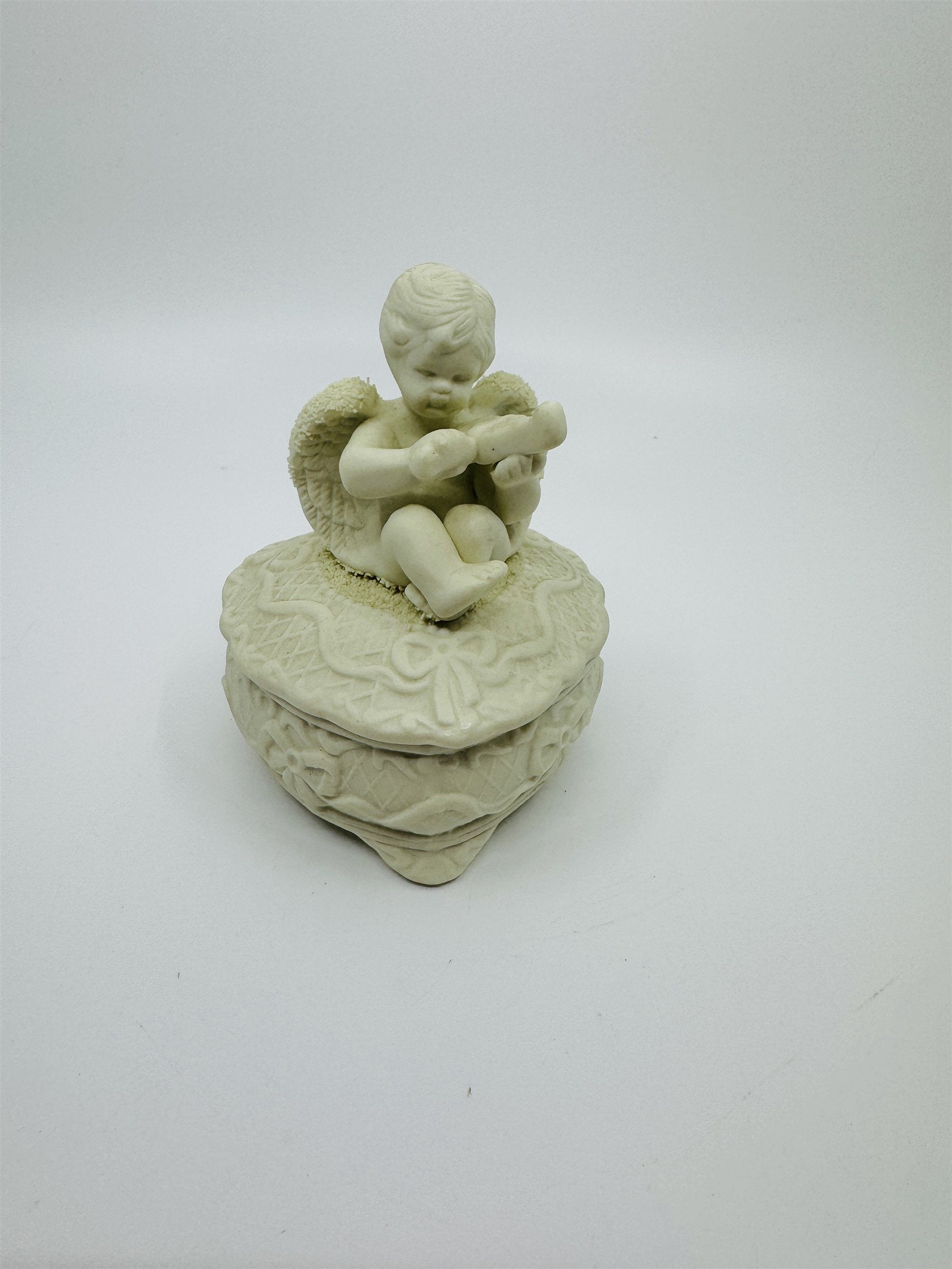 Vintage Heart Trinket Cherub Music Violin Ceramic Jewelry Box Dish Valentine