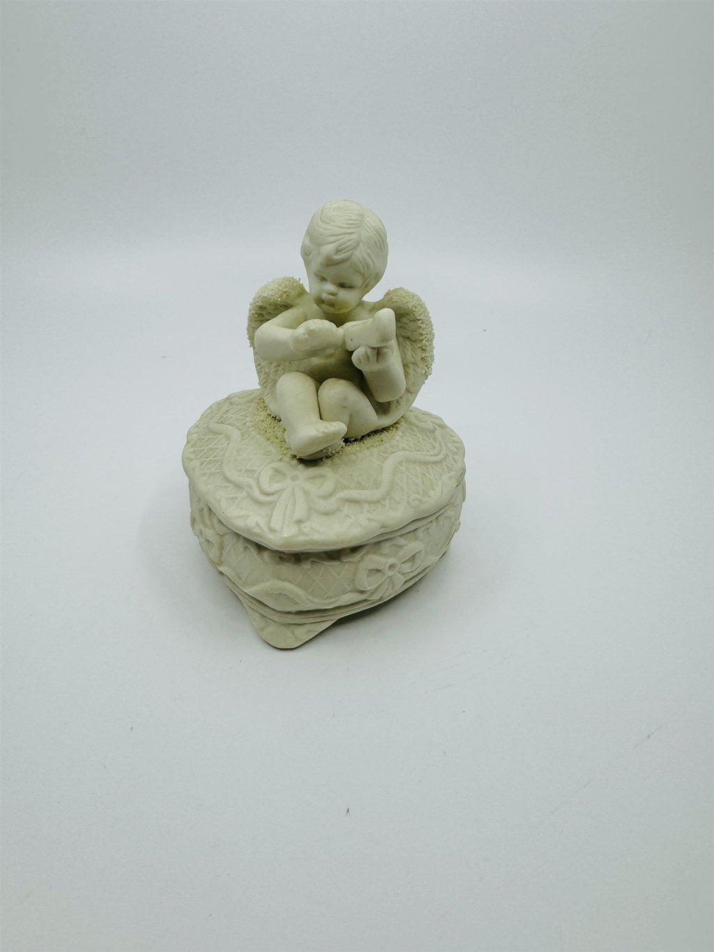 Vintage Heart Trinket Cherub Music Violin Ceramic Jewelry Box Dish Valentine