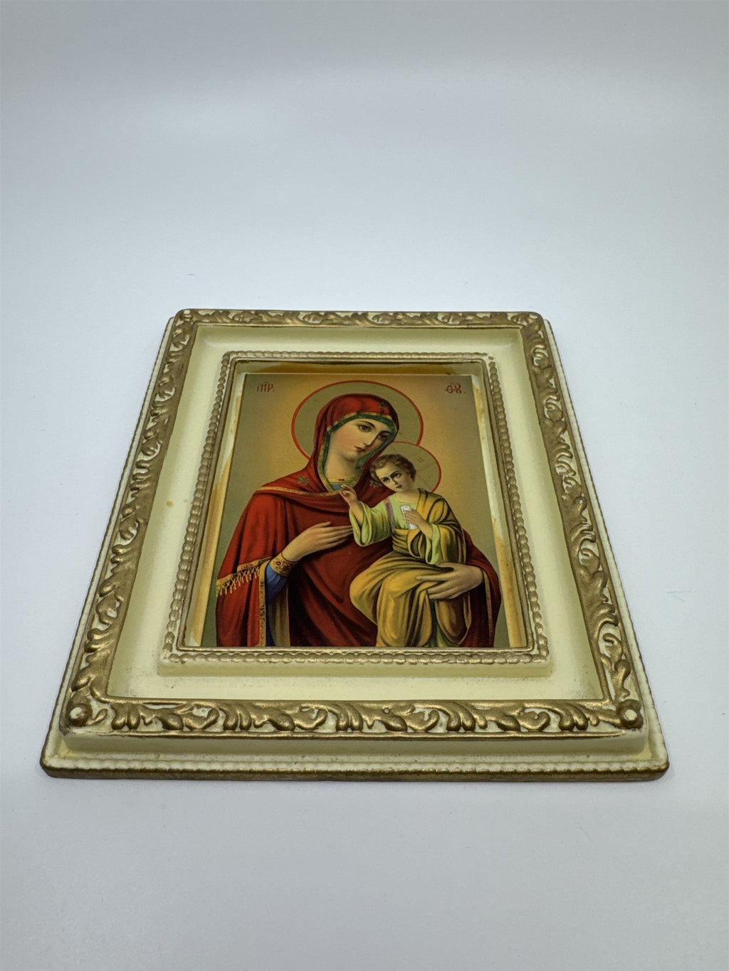 Vintage Christian Icon Russian Orthodox Madonna & Child Art in Embellished Frame