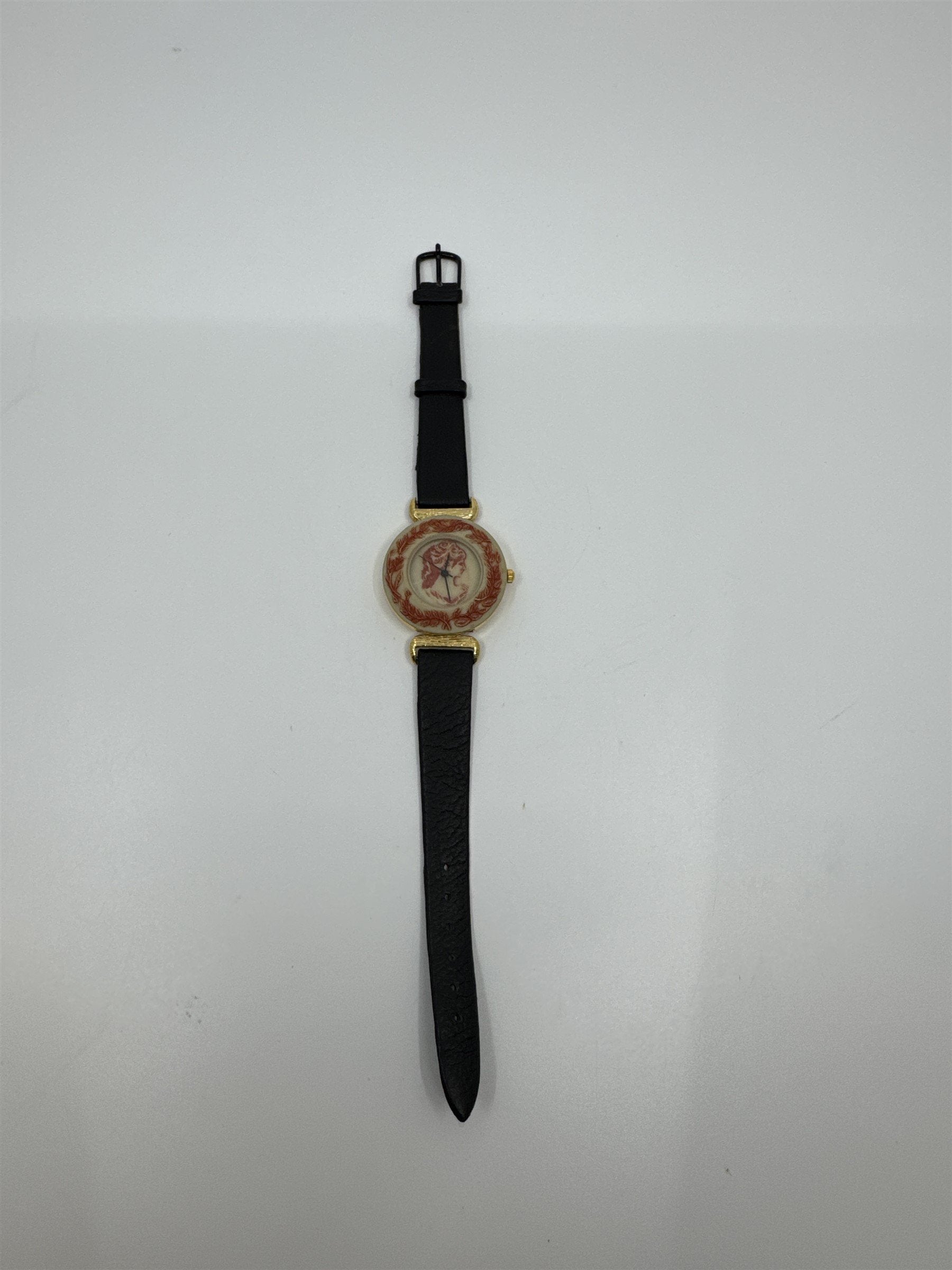 Vintage Jalga Watch Roman Woman Cream /w Red Trim Accent, Black Leather Band