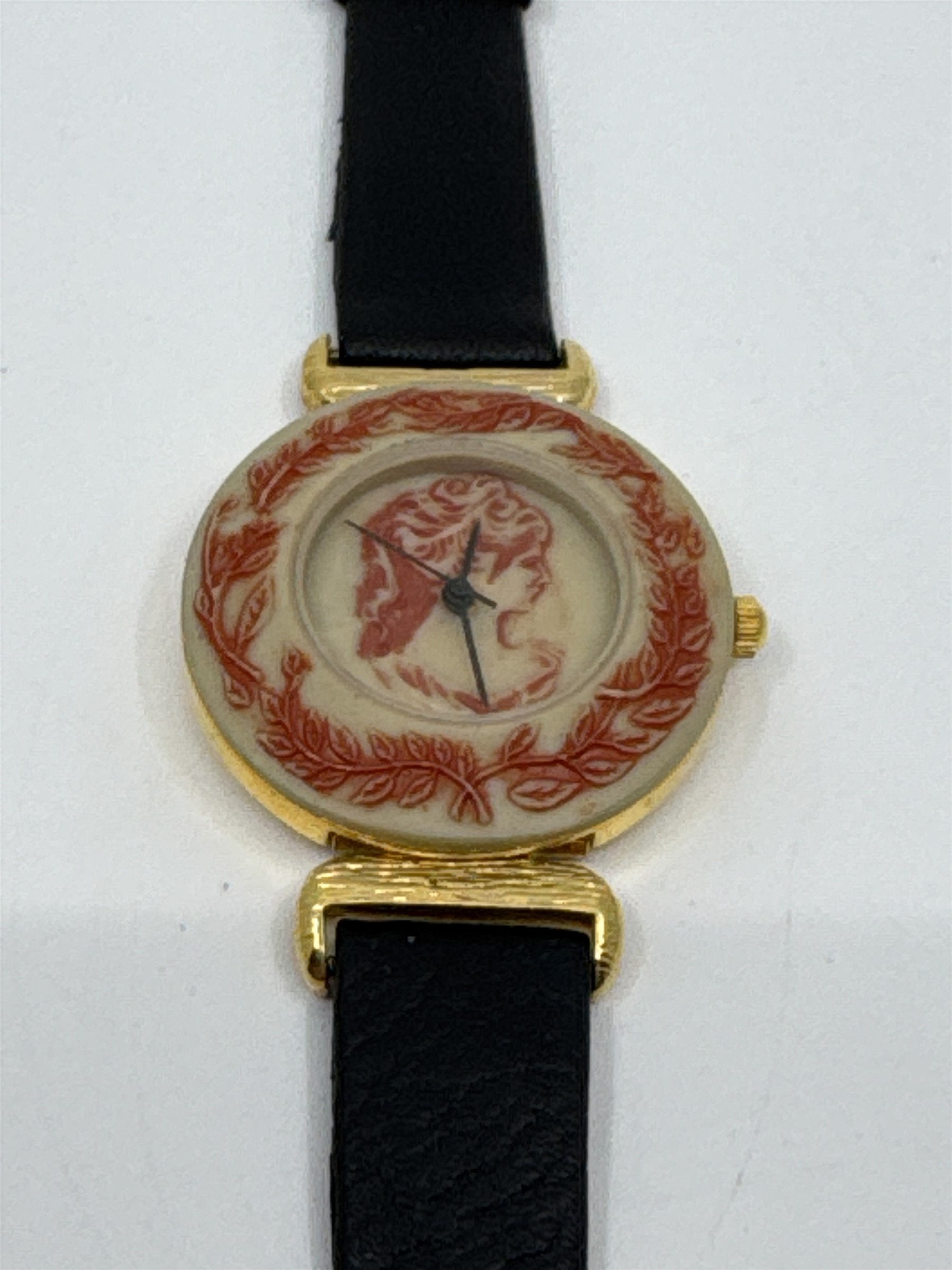 Vintage Jalga Watch Roman Woman Cream /w Red Trim Accent, Black Leather Band