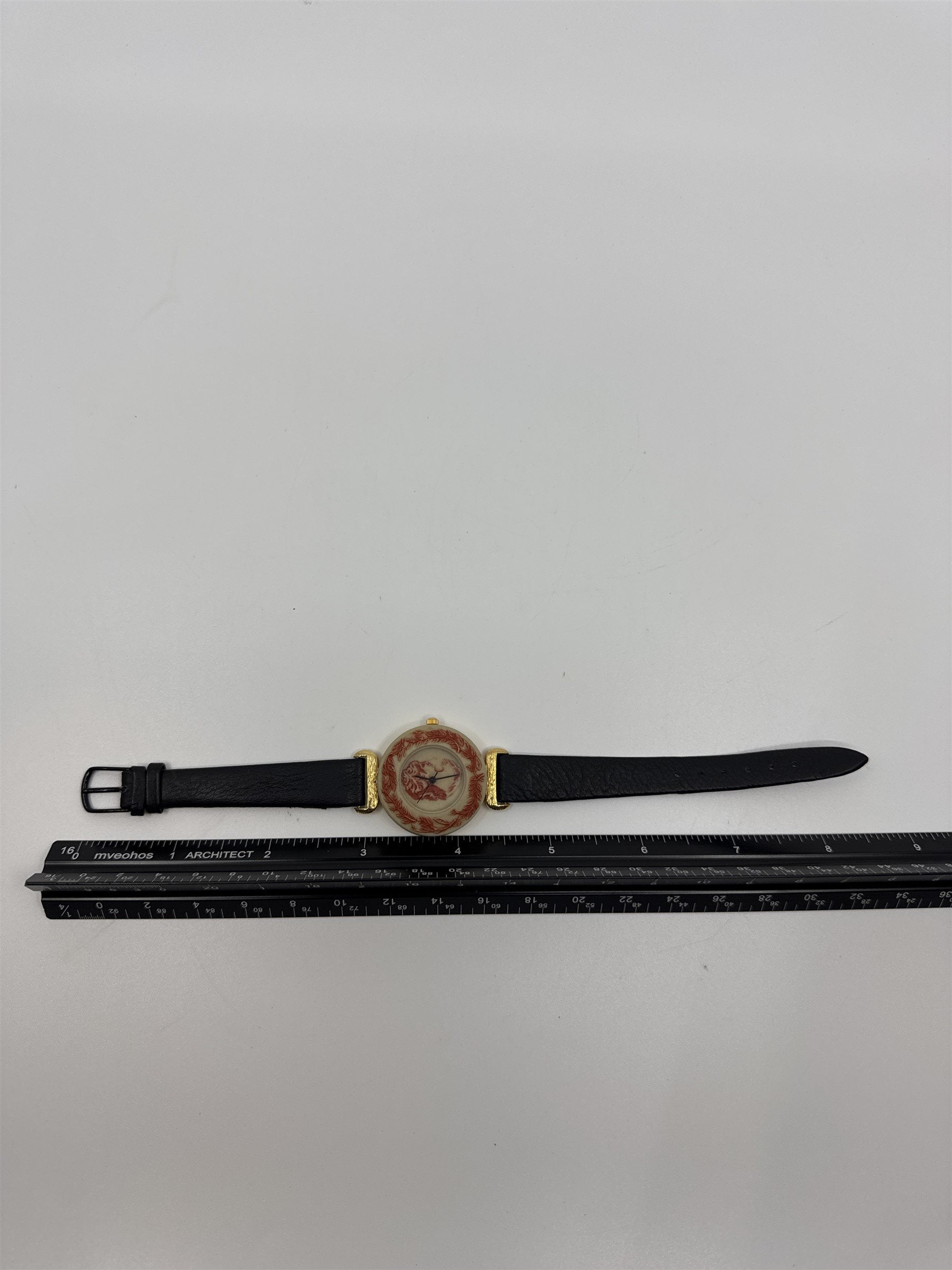 Vintage Jalga Watch Roman Woman Cream /w Red Trim Accent, Black Leather Band