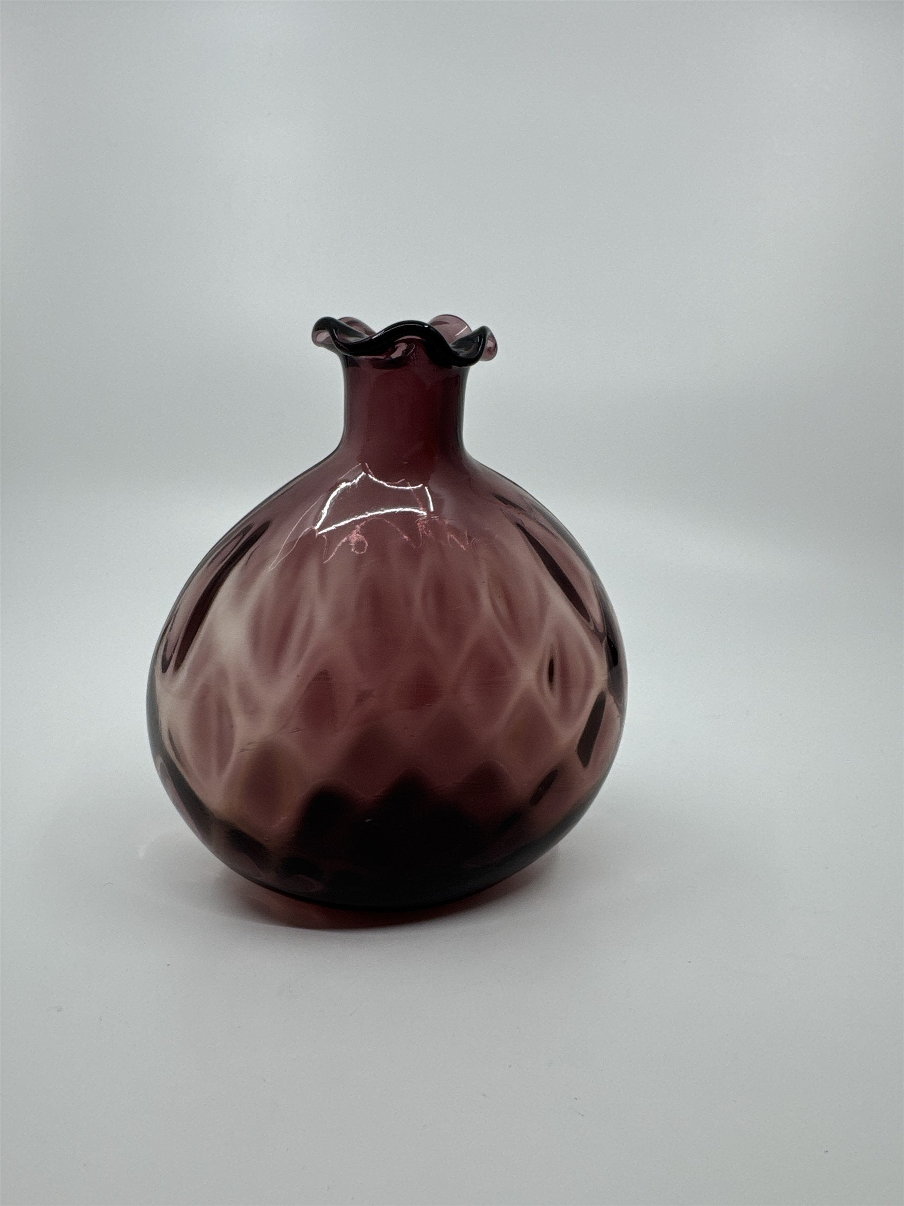 Vintage Amethyst Purple Blown Art Glass Vase Ruffled Top Ribbed Optic Vase