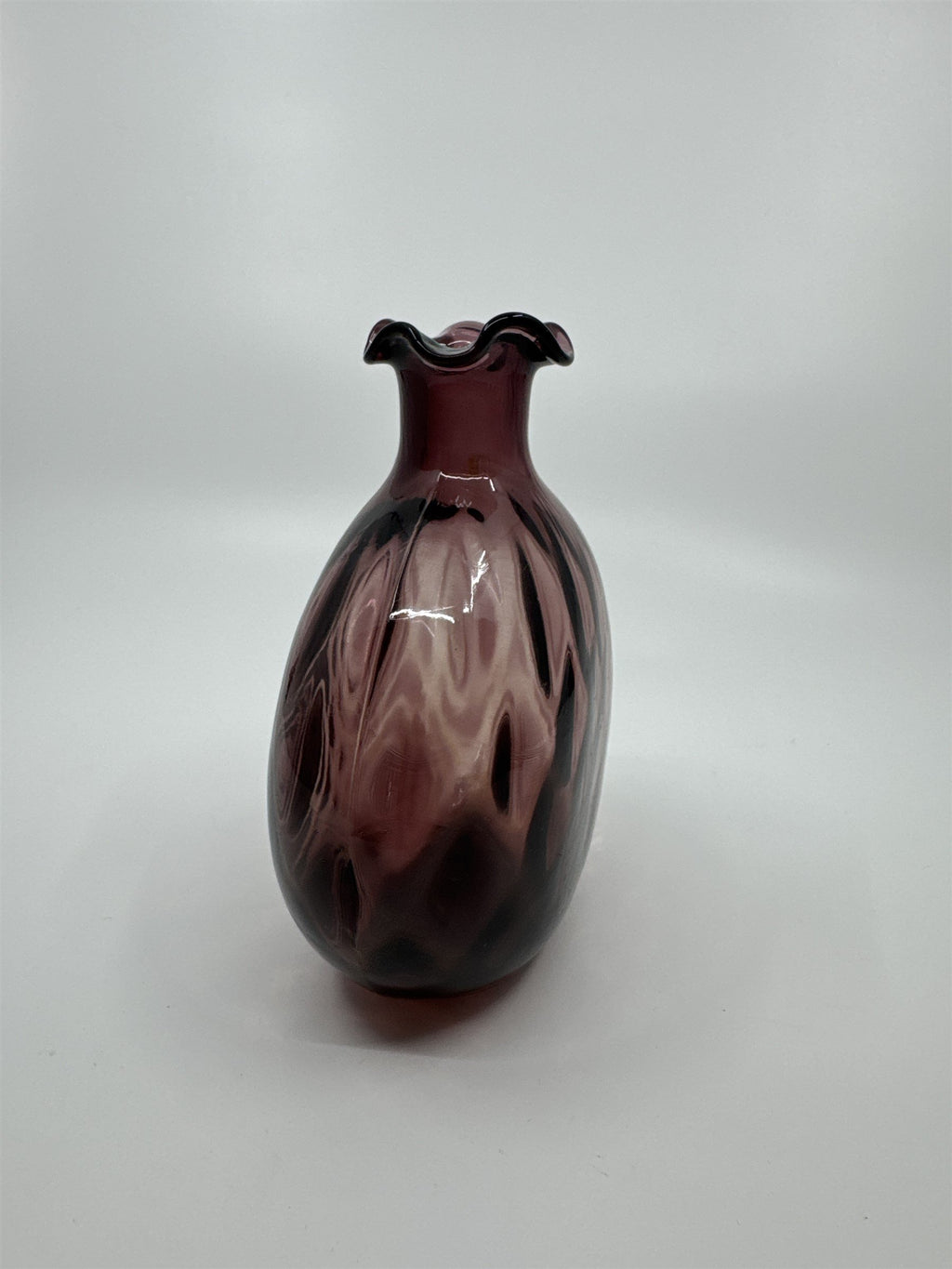 Vintage Amethyst Purple Blown Art Glass Vase Ruffled Top Ribbed Optic Vase