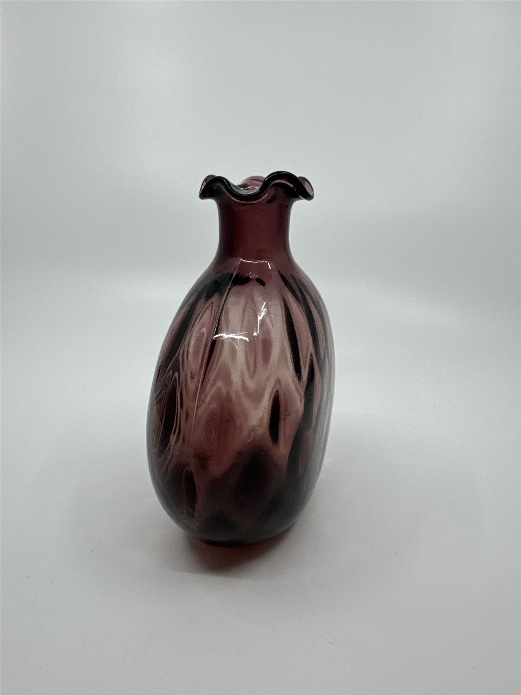 Vintage Amethyst Purple Blown Art Glass Vase Ruffled Top Ribbed Optic Vase