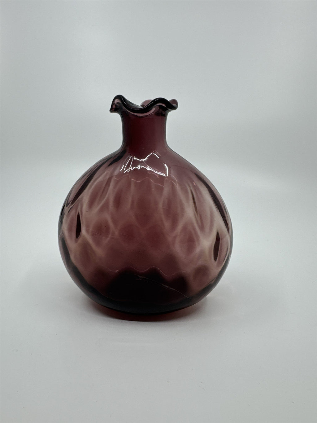 Vintage Amethyst Purple Blown Art Glass Vase Ruffled Top Ribbed Optic Vase