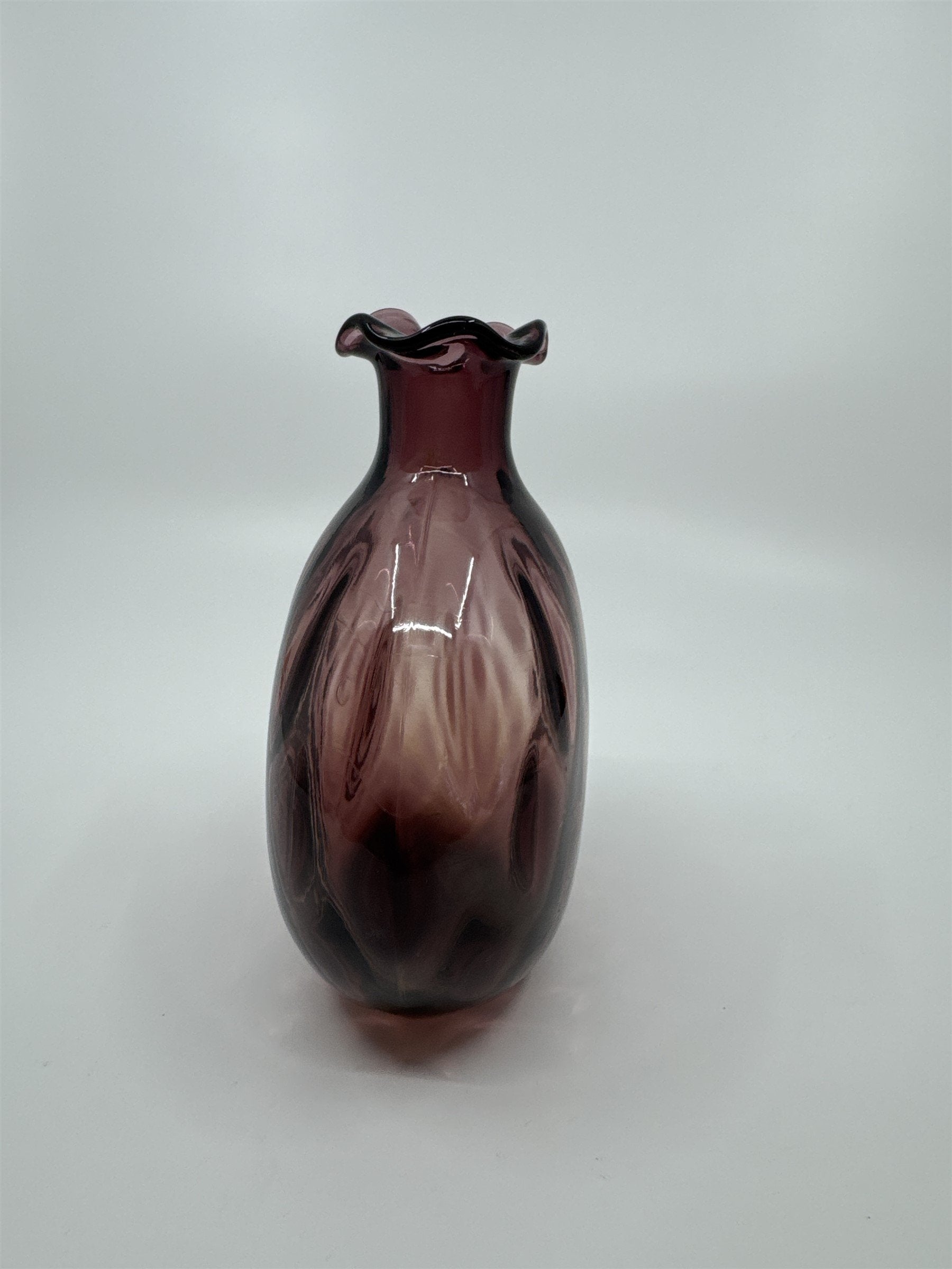 Vintage Amethyst Purple Blown Art Glass Vase Ruffled Top Ribbed Optic Vase