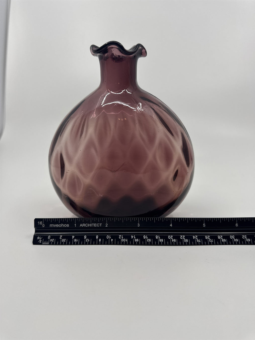 Vintage Amethyst Purple Blown Art Glass Vase Ruffled Top Ribbed Optic Vase