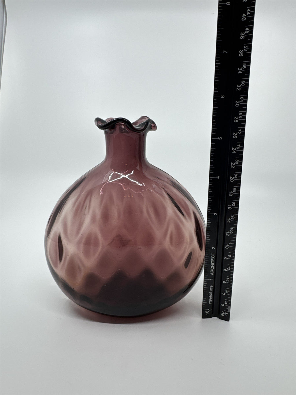 Vintage Amethyst Purple Blown Art Glass Vase Ruffled Top Ribbed Optic Vase
